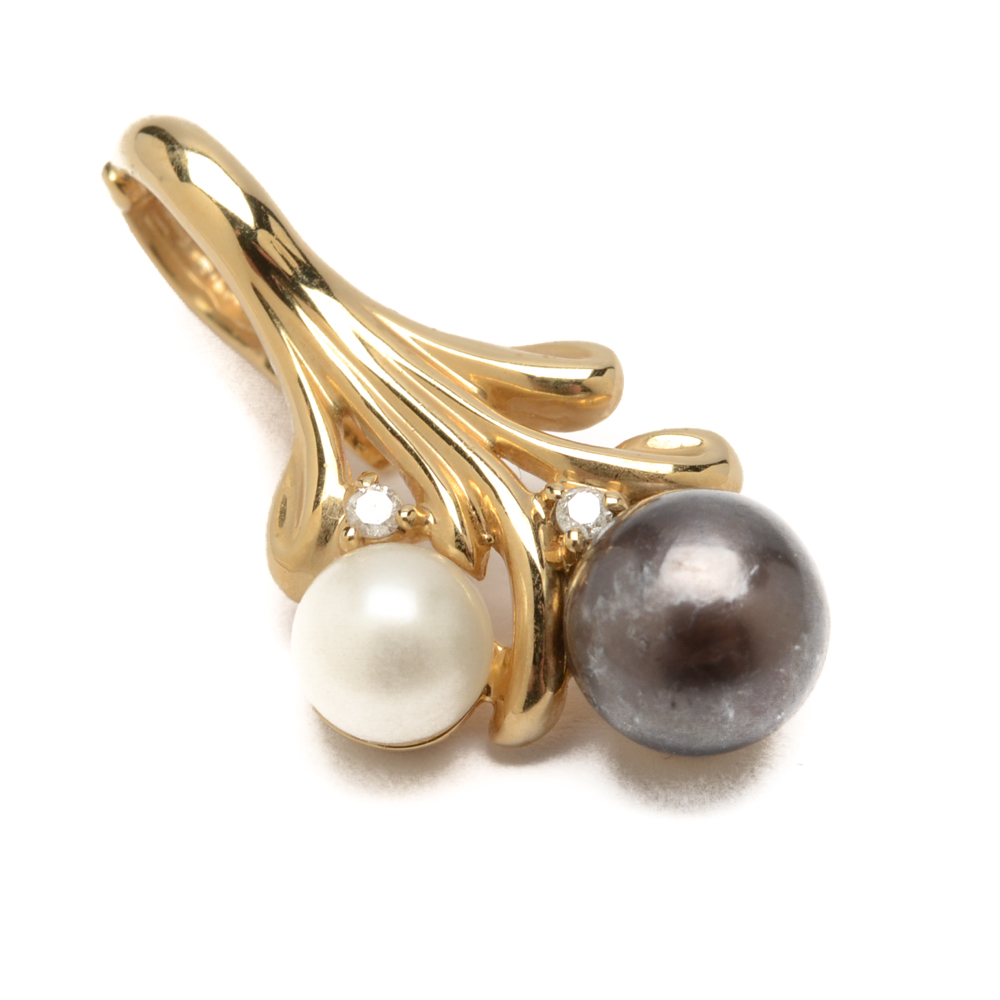 14K Yellow Gold Pearl and Diamond Pendant