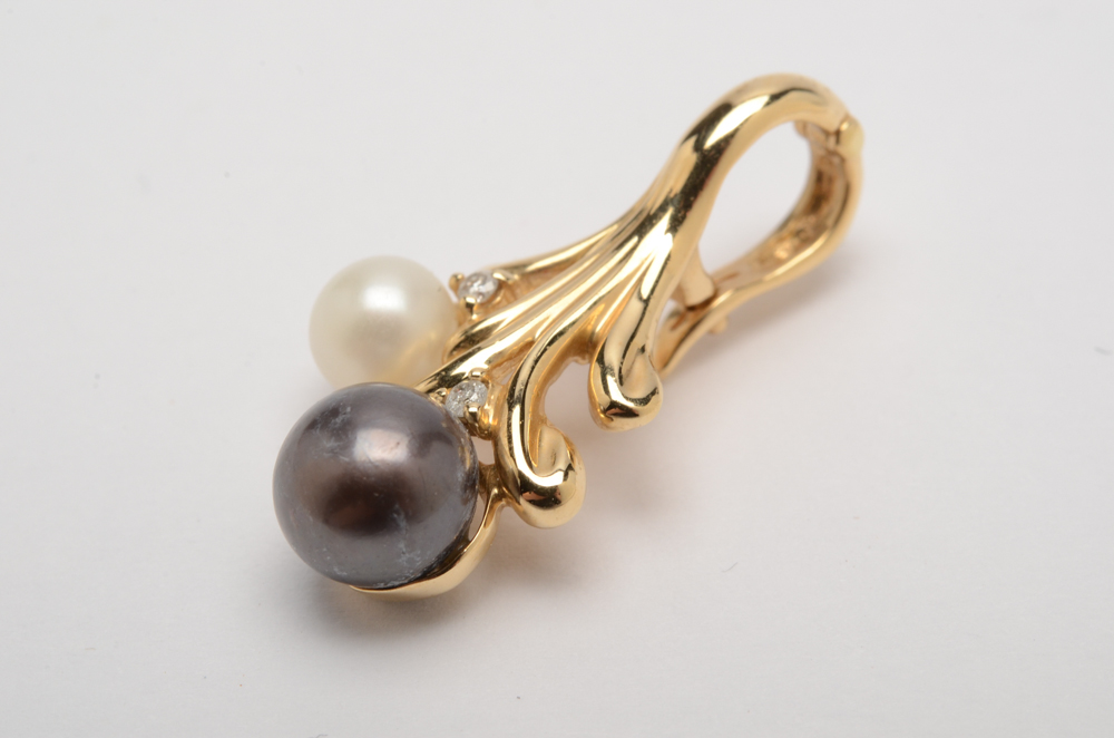 14K Yellow Gold Pearl and Diamond Pendant