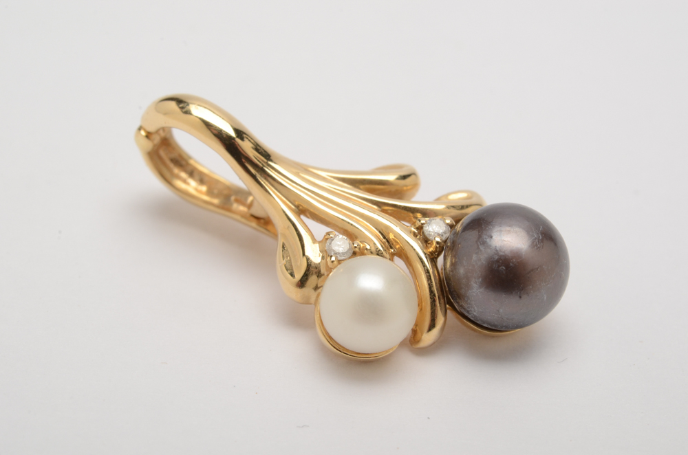 14K Yellow Gold Pearl and Diamond Pendant