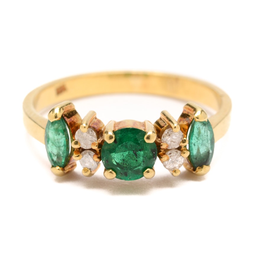 18K Yellow Gold Emerald and Diamond Ring