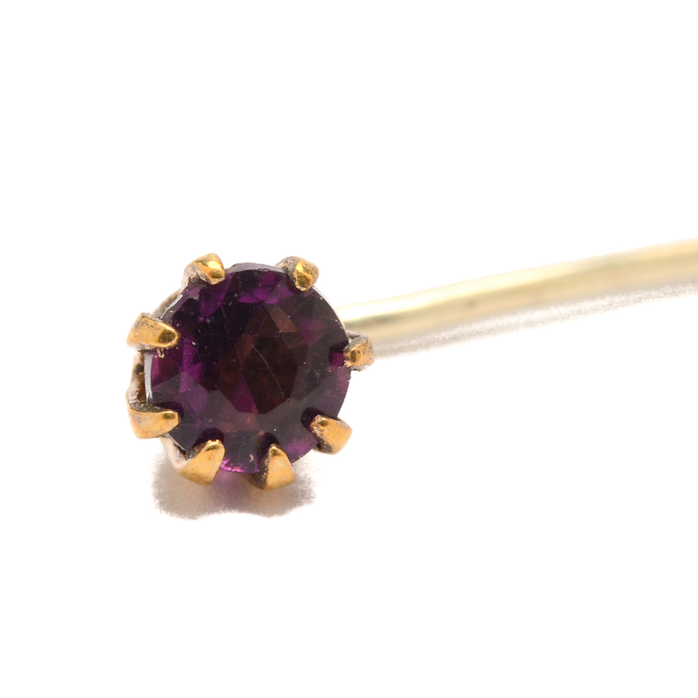 Vintage 14K Yellow Gold Purple Glass Stick Pin