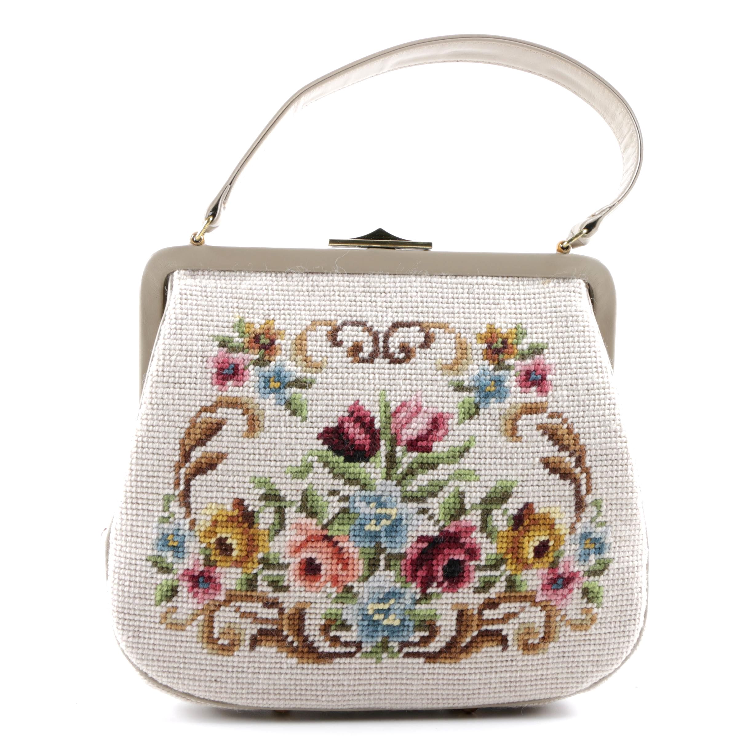 Vintage Needlepoint Top Handle Frame Bag in Multicolor Florals