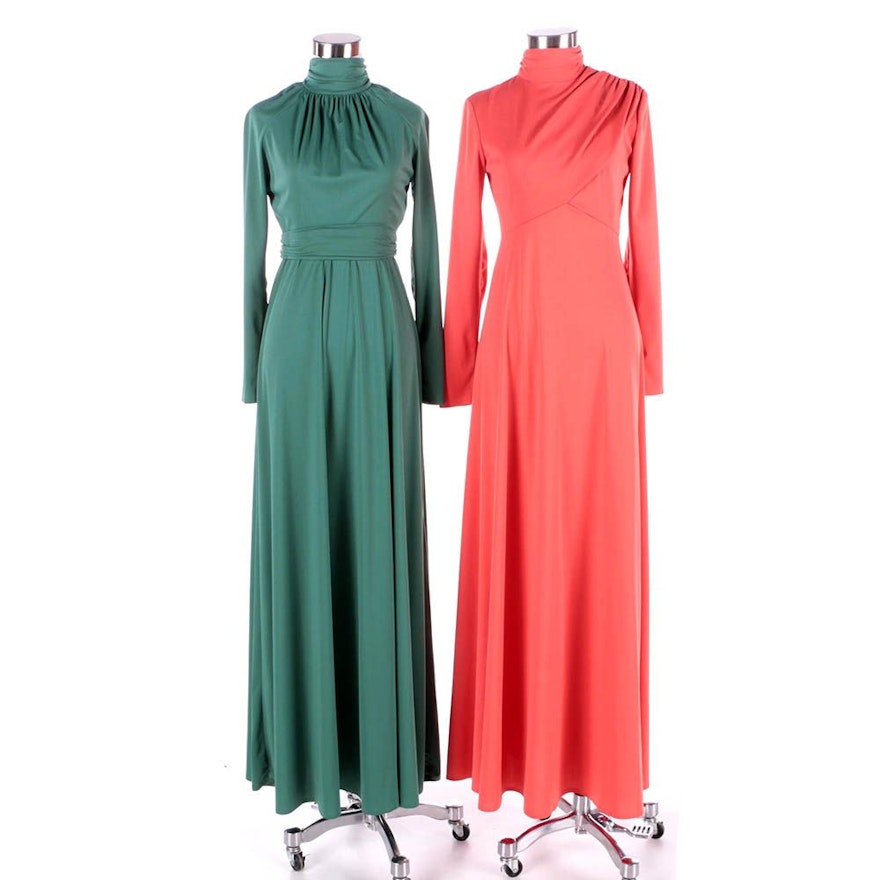 1970s Vintage House of Bianchi Tangerine Orange and Emerald Green Maxi Dresses