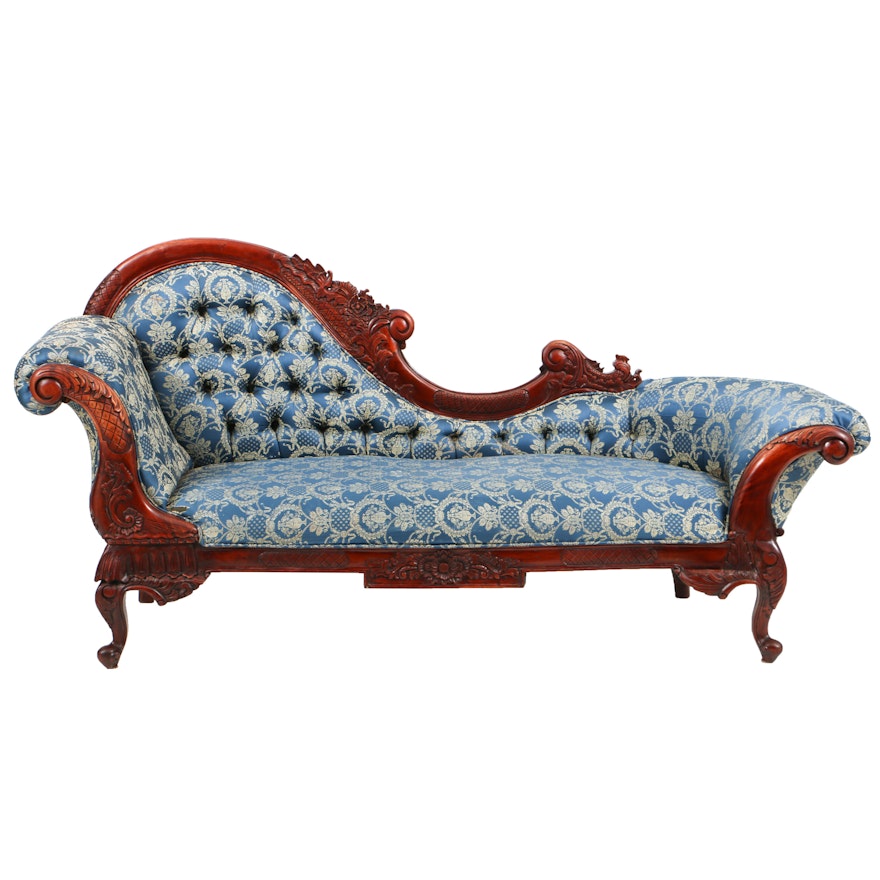 Vintage Rococo Style Carved Mahogany and Button-Tufted Chaise Lounge