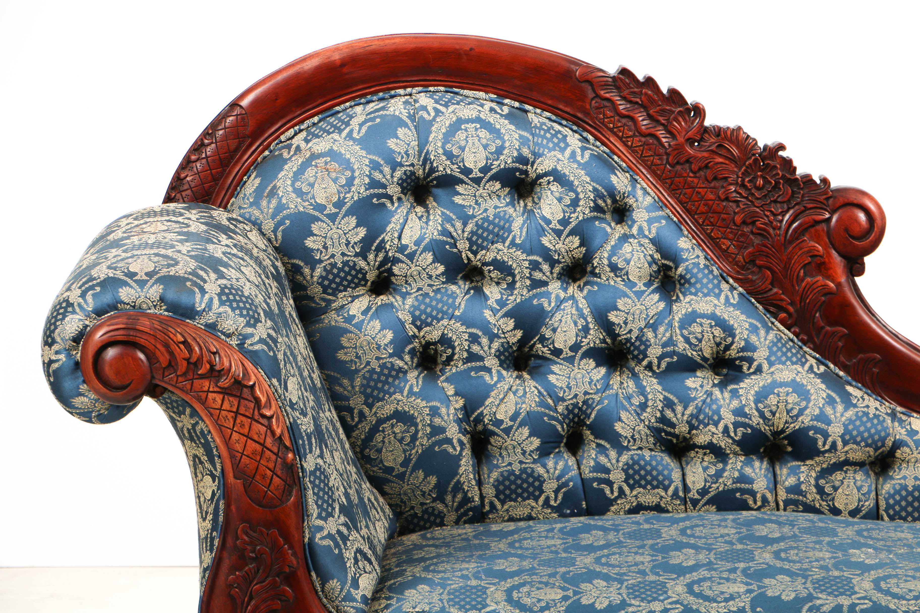 Vintage Rococo Style Carved Mahogany and Button-Tufted Chaise Lounge