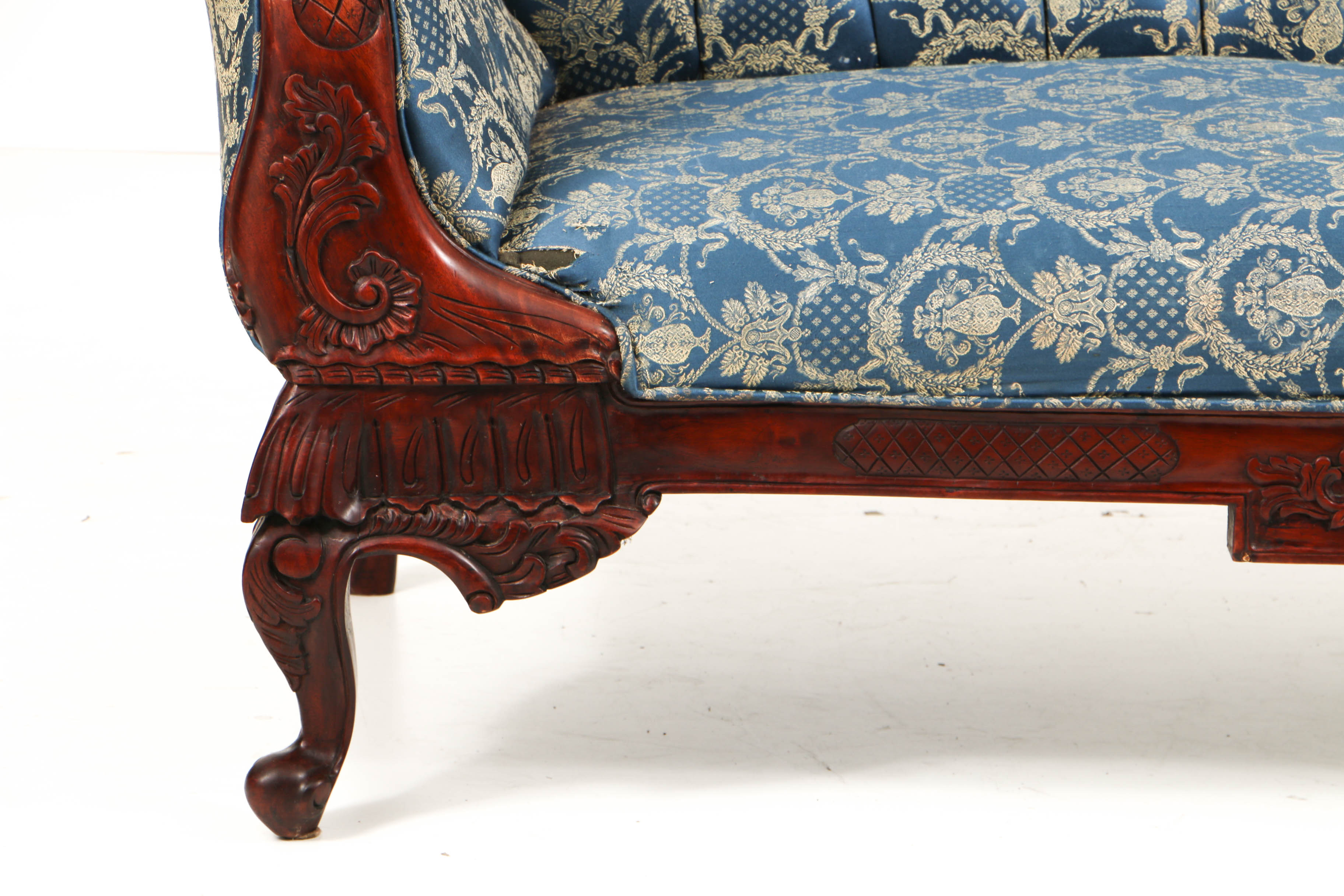 Vintage Rococo Style Carved Mahogany and Button-Tufted Chaise Lounge