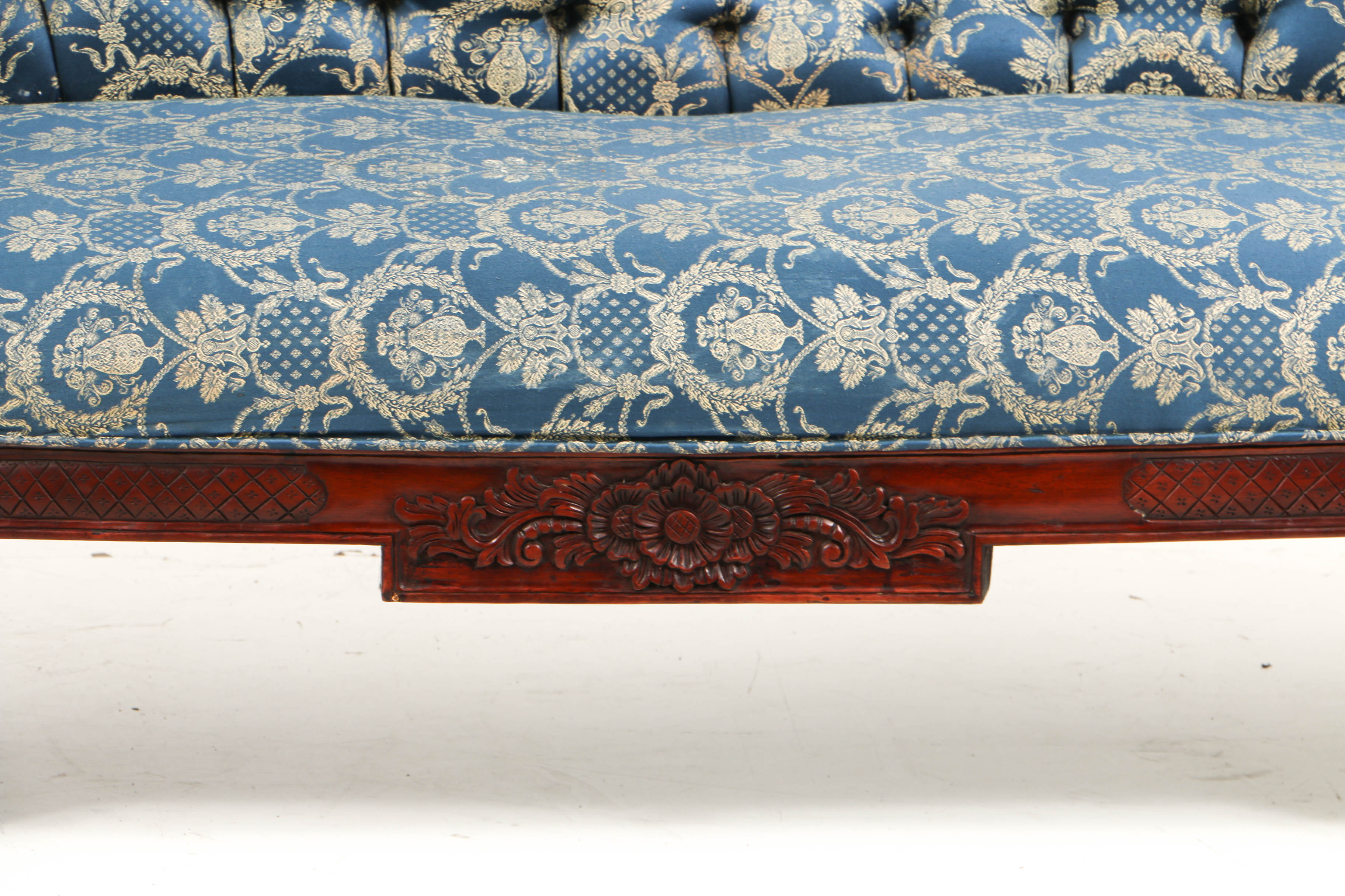 Vintage Rococo Style Carved Mahogany and Button-Tufted Chaise Lounge