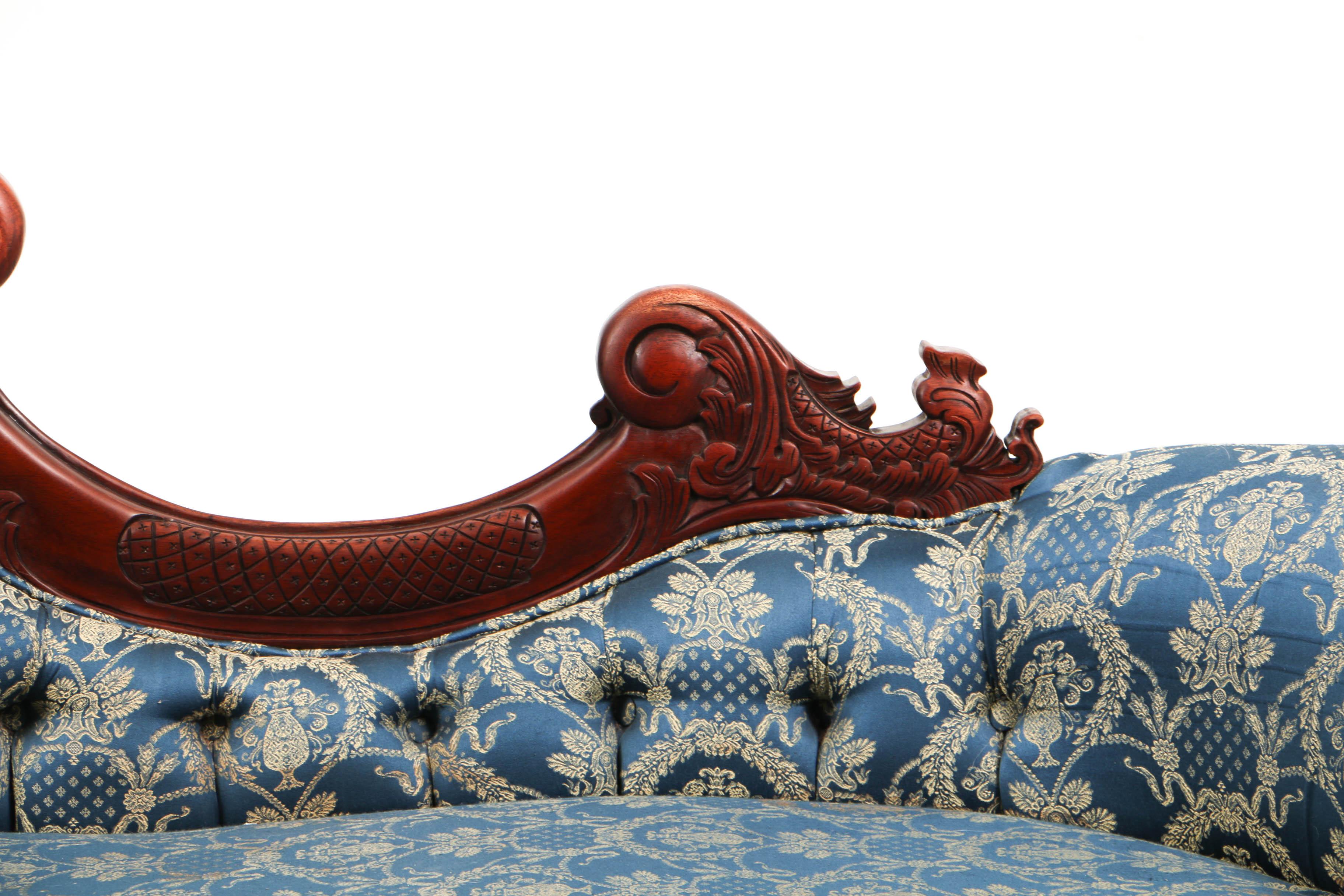 Vintage Rococo Style Carved Mahogany and Button-Tufted Chaise Lounge
