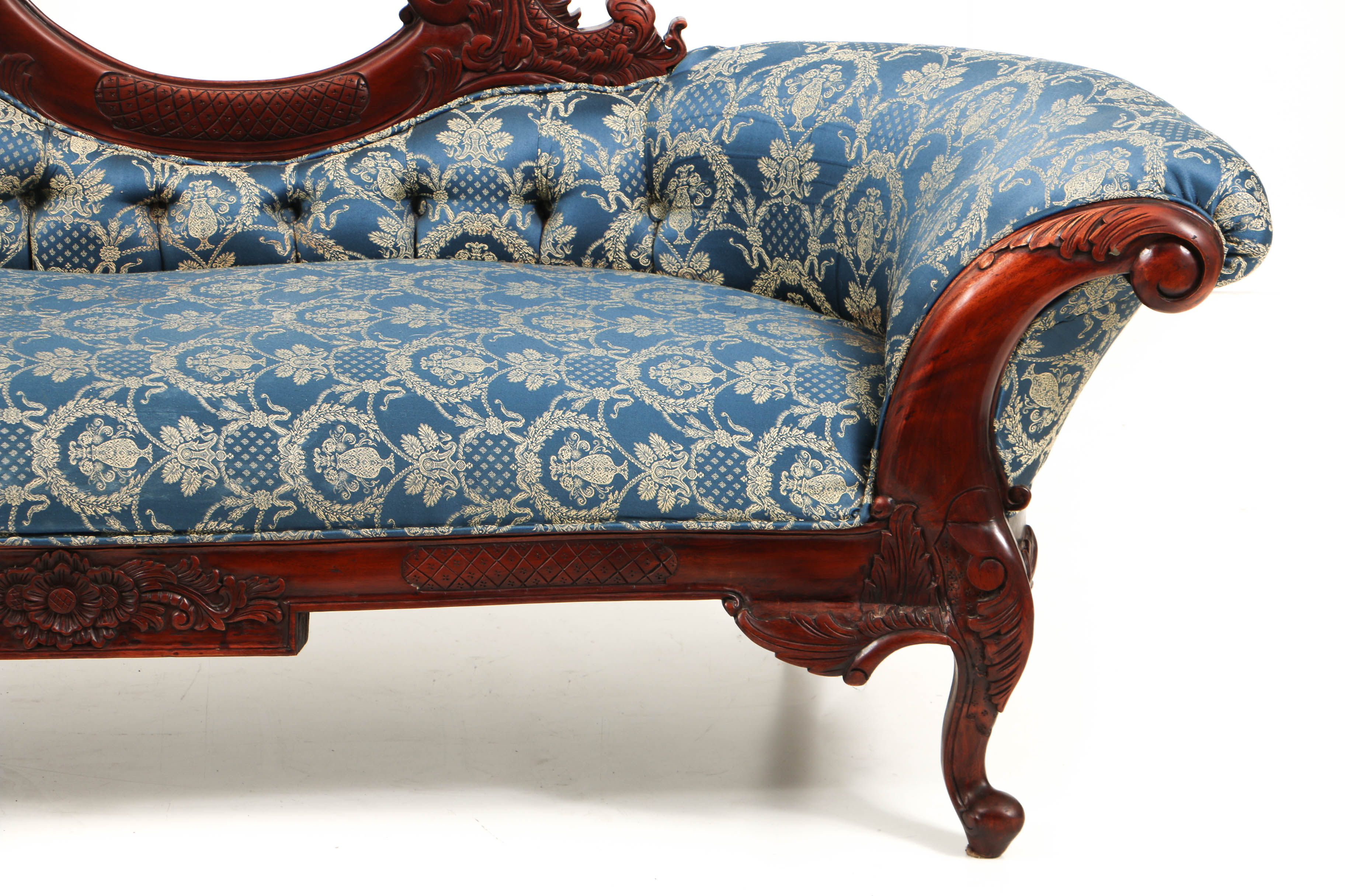 Vintage Rococo Style Carved Mahogany and Button-Tufted Chaise Lounge