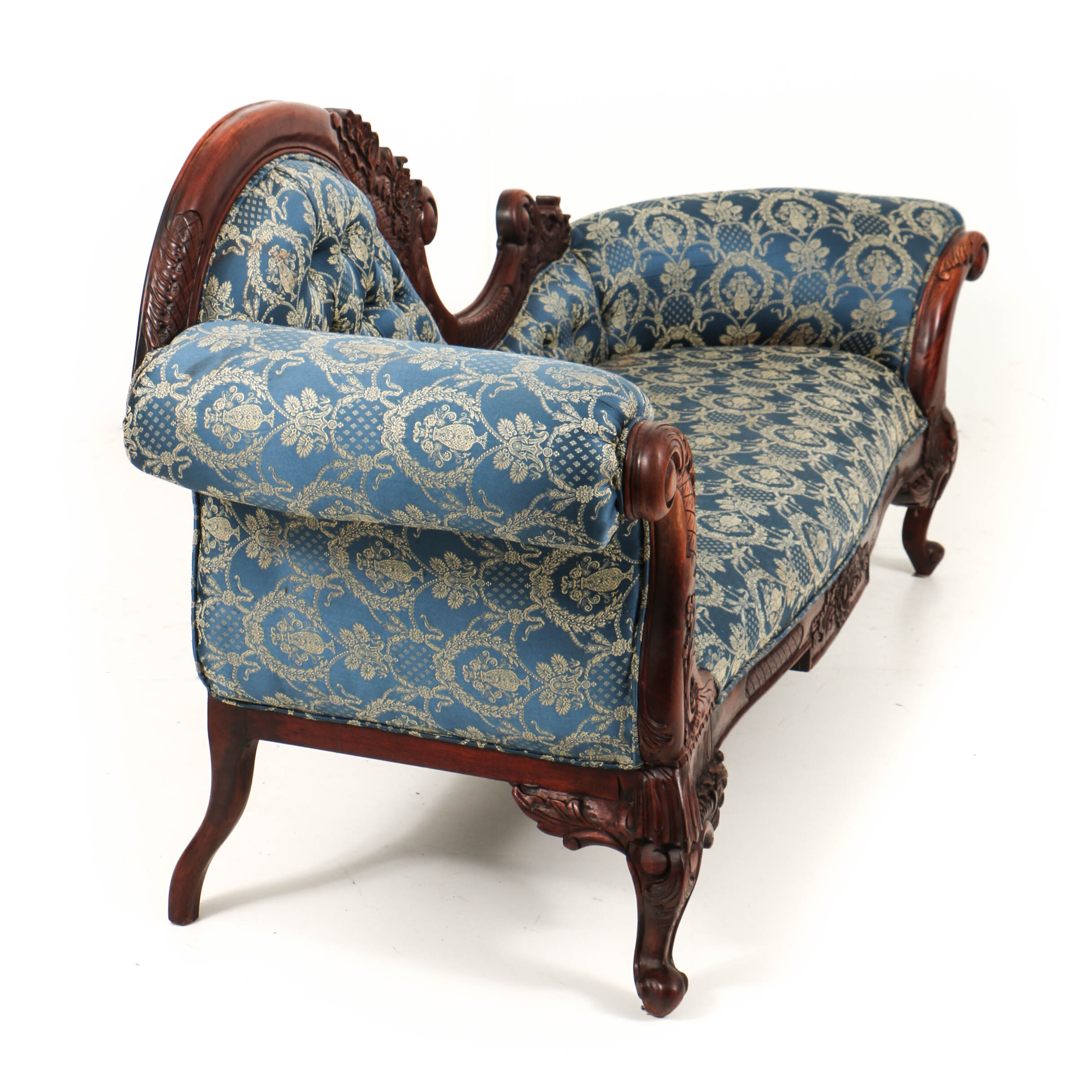 Vintage Rococo Style Carved Mahogany and Button-Tufted Chaise Lounge