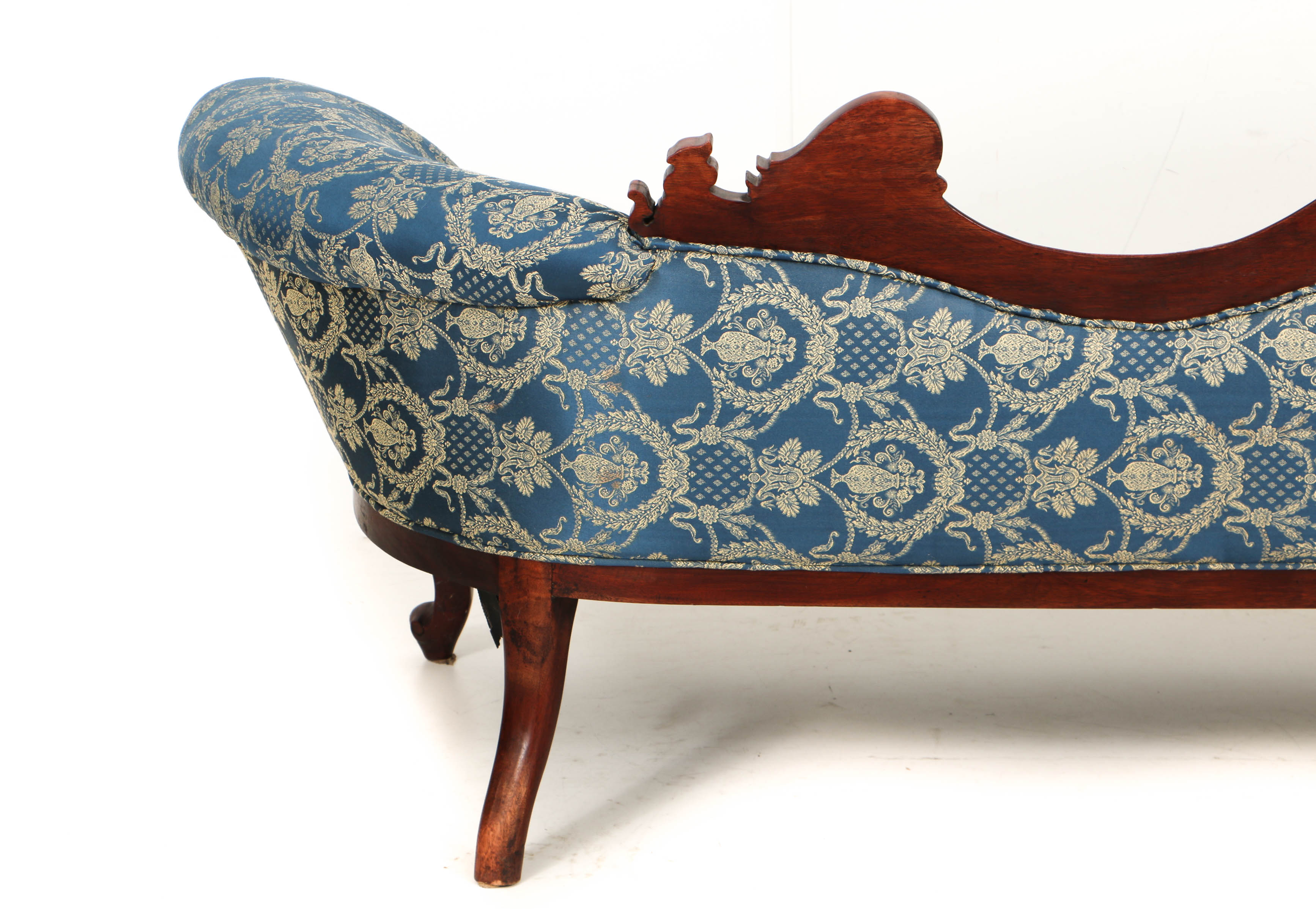Vintage Rococo Style Carved Mahogany and Button-Tufted Chaise Lounge