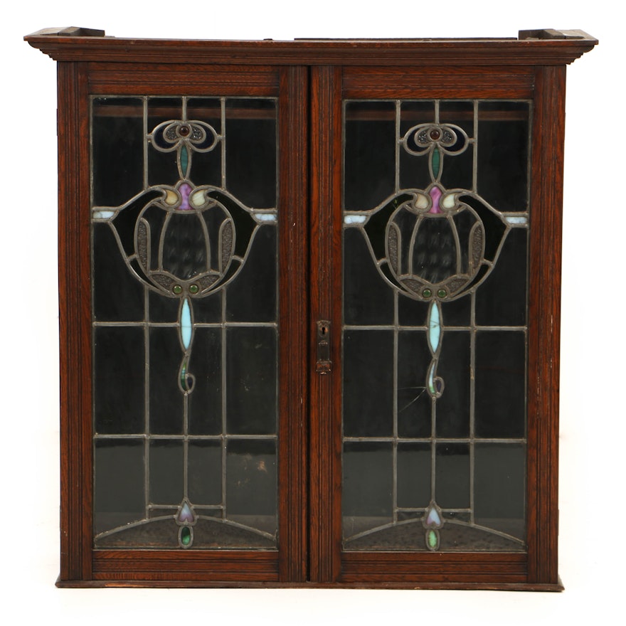 Antique Art Nouveau Oak Cabinet with Leaded and Stained Glass Doors