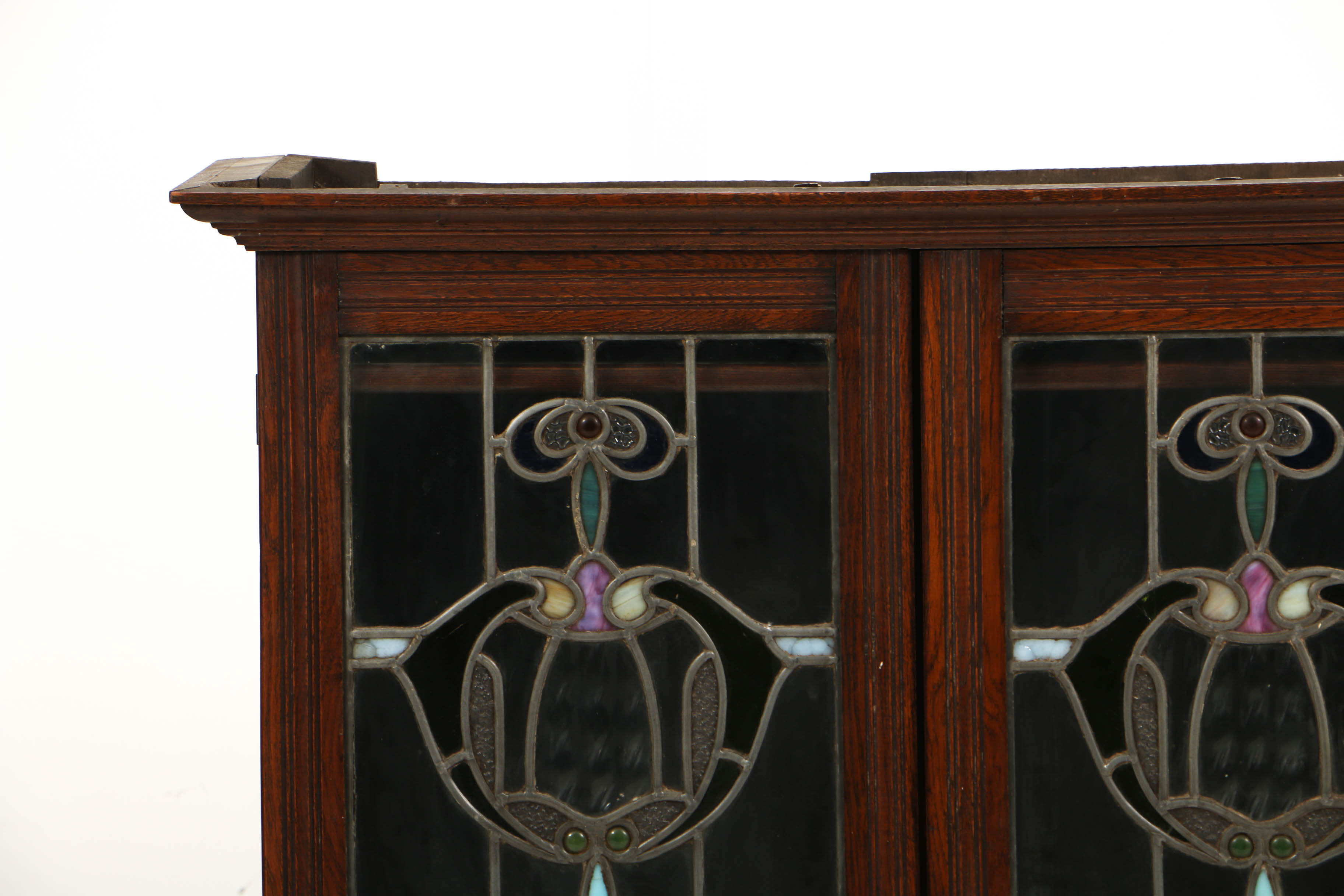 Antique Art Nouveau Oak Cabinet with Leaded and Stained Glass Doors