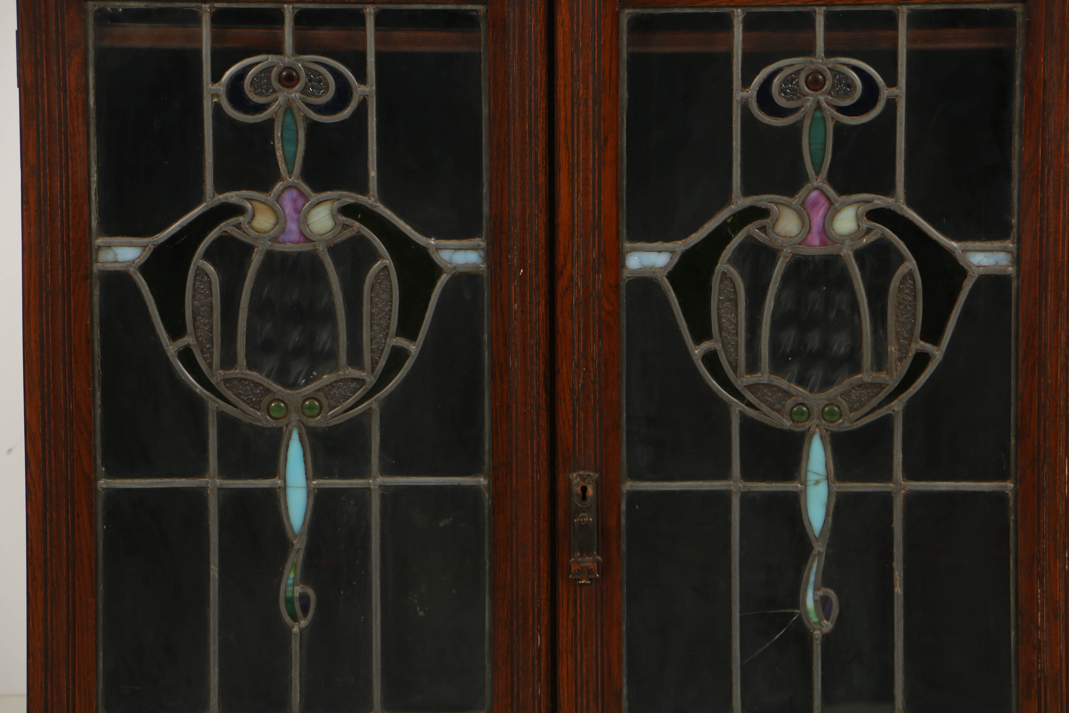 Antique Art Nouveau Oak Cabinet with Leaded and Stained Glass Doors