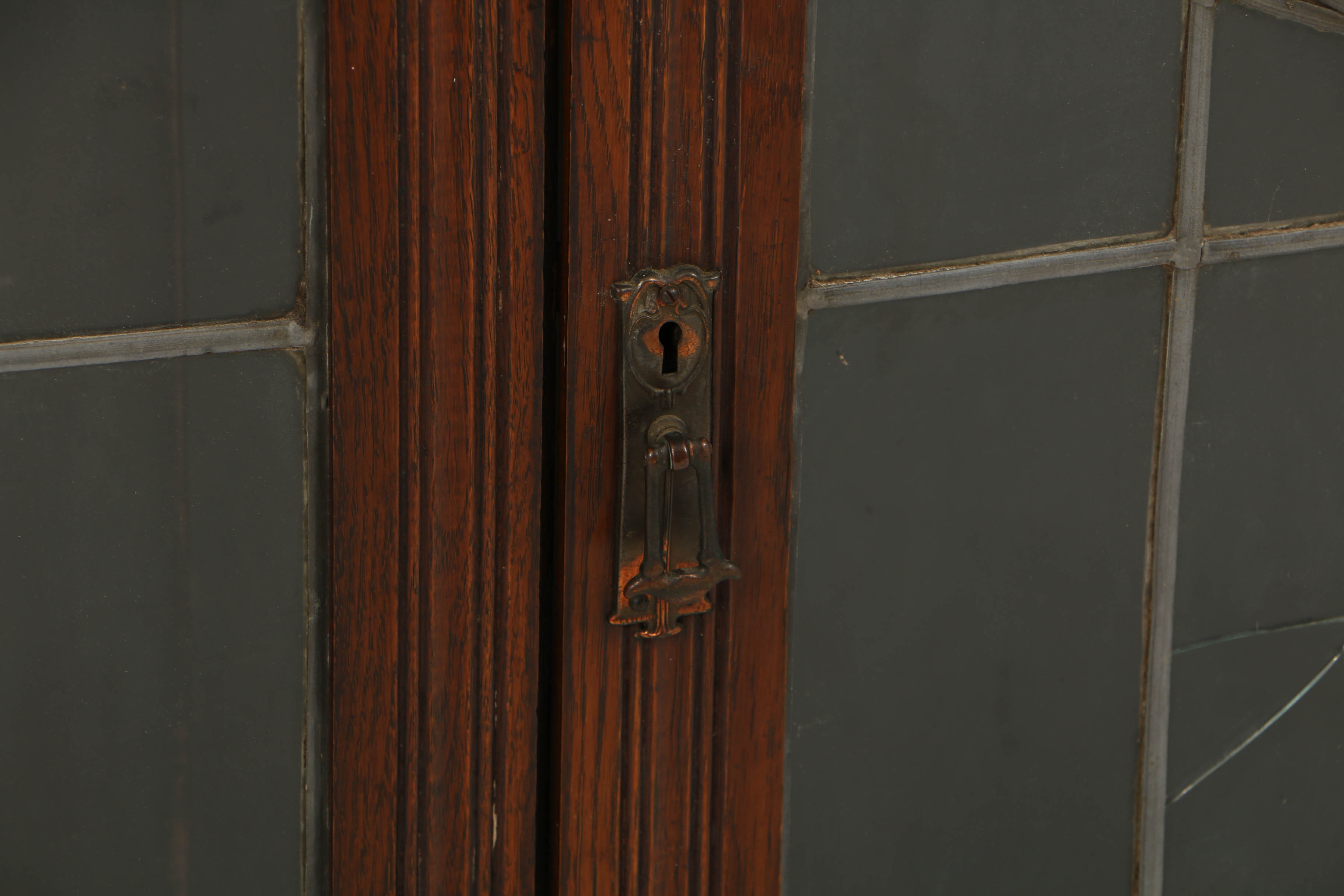 Antique Art Nouveau Oak Cabinet with Leaded and Stained Glass Doors