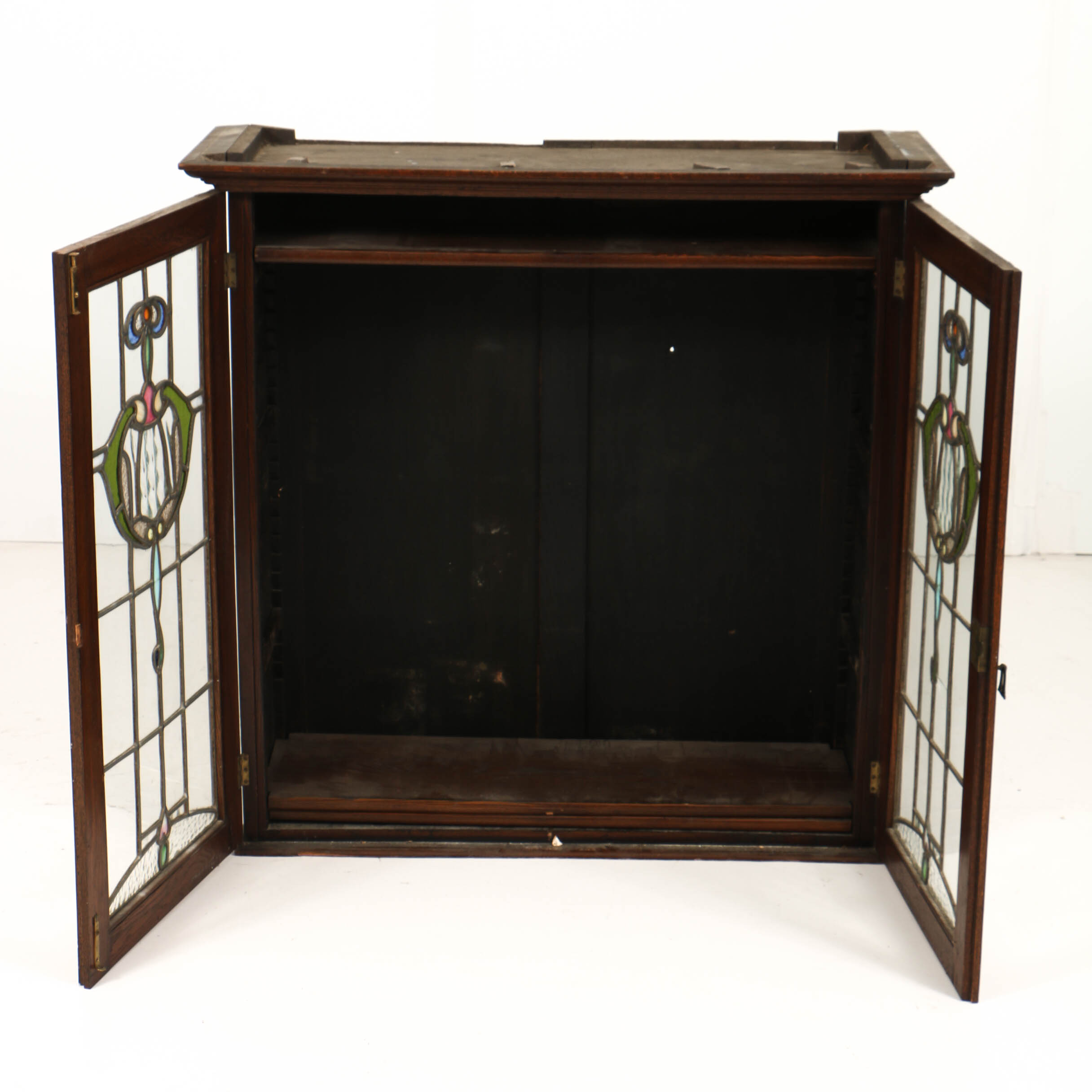 Antique Art Nouveau Oak Cabinet with Leaded and Stained Glass Doors