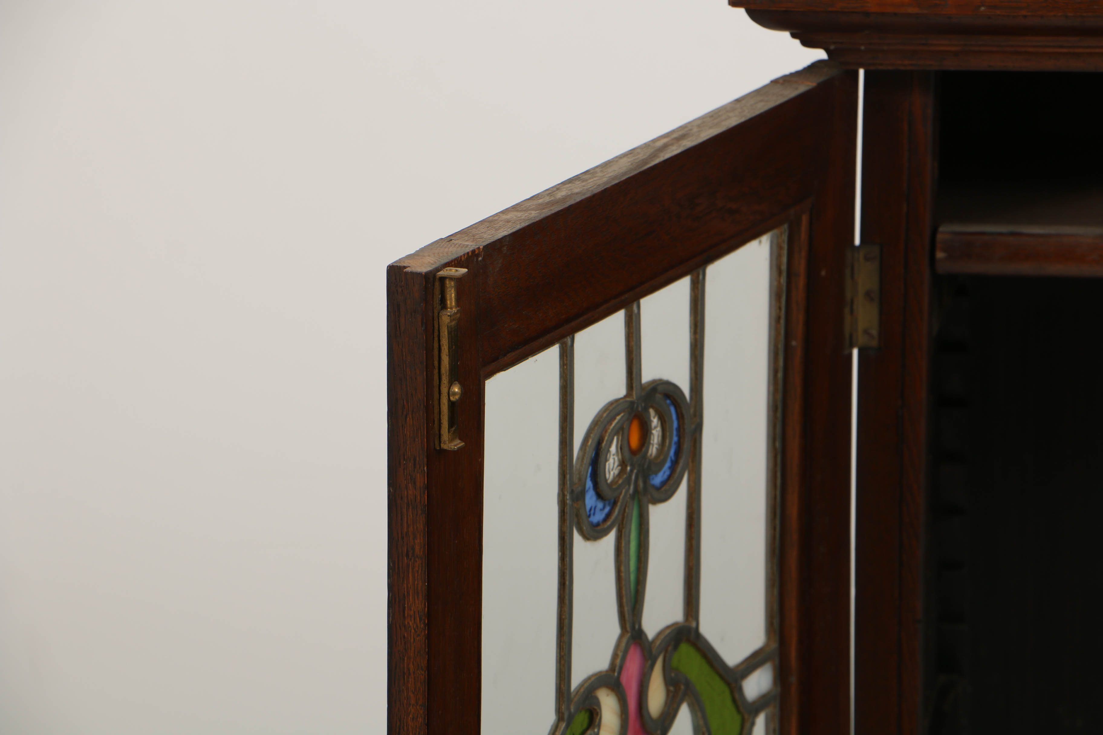 Antique Art Nouveau Oak Cabinet with Leaded and Stained Glass Doors