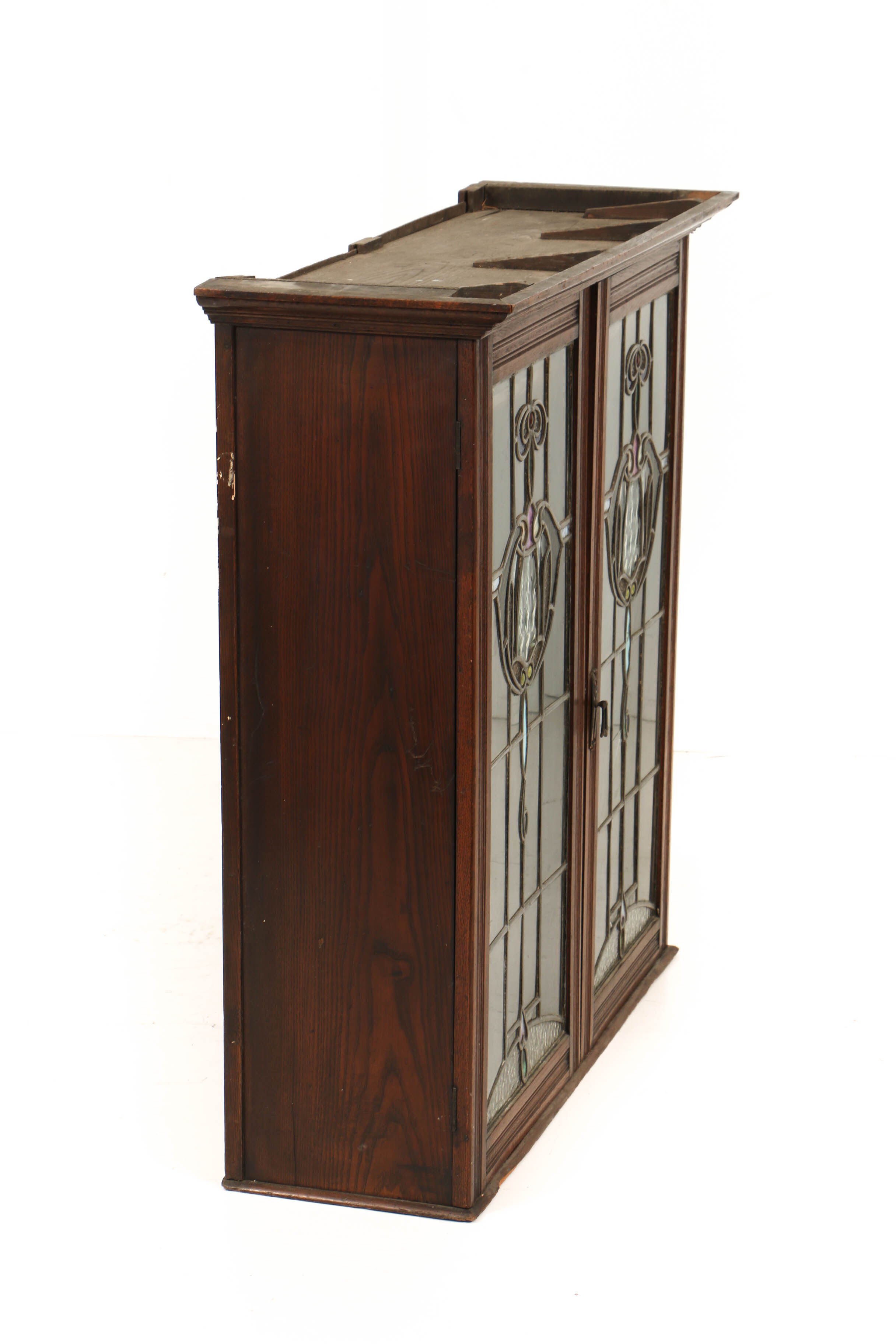 Antique Art Nouveau Oak Cabinet with Leaded and Stained Glass Doors