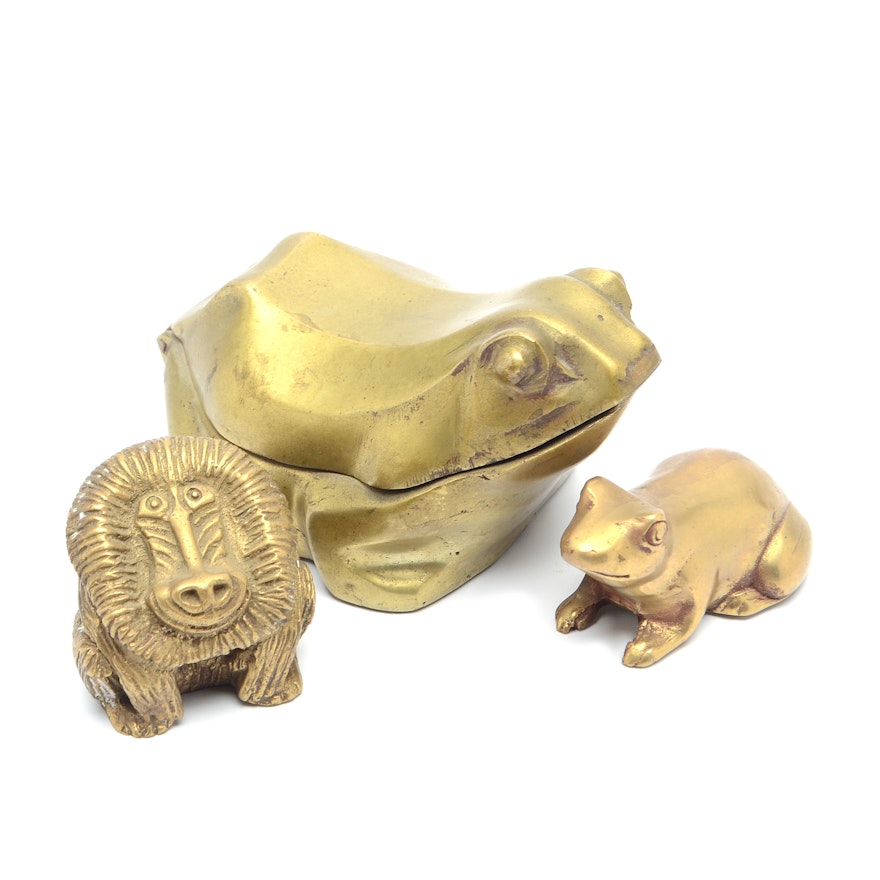 Cast Brass Frog Trinket Box and Two Paperweights