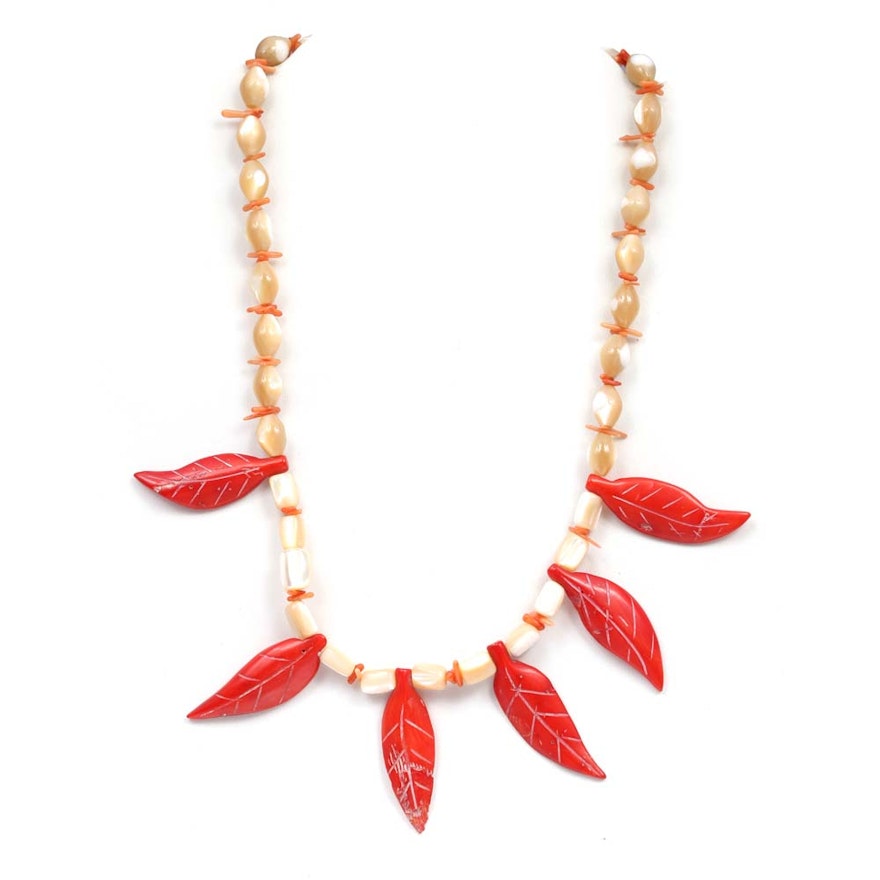 Sterling Silver Mother of Pearl and Coral Necklace