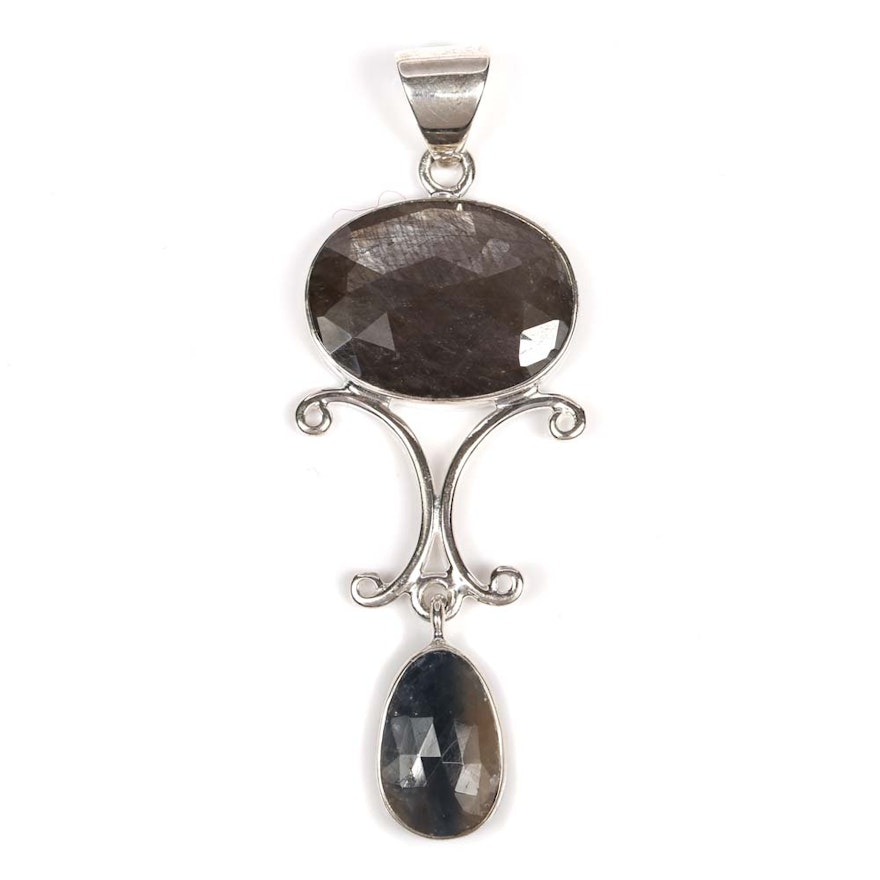 Sterling Silver 13.22 CTW Double Sapphire Drop Pendant