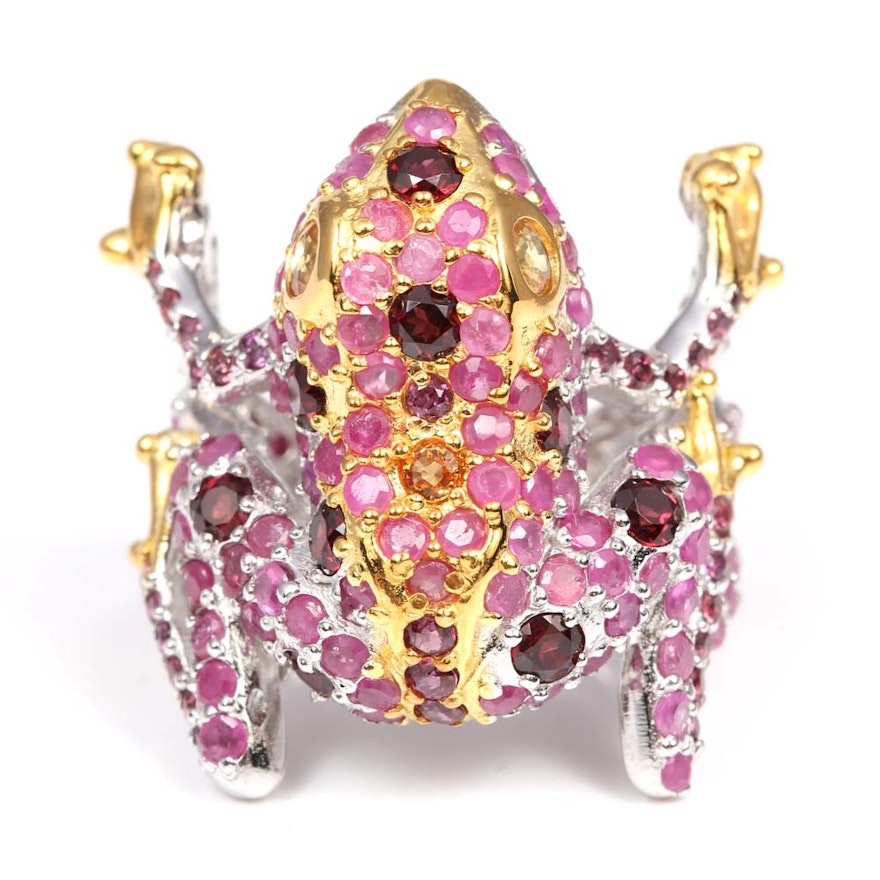 Sterling Silver Ruby, Sapphire and Garnet Frog Ring
