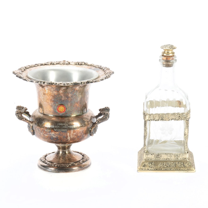 Silver on Copper Trophy Champagne Bucket and Decanter with Caddy