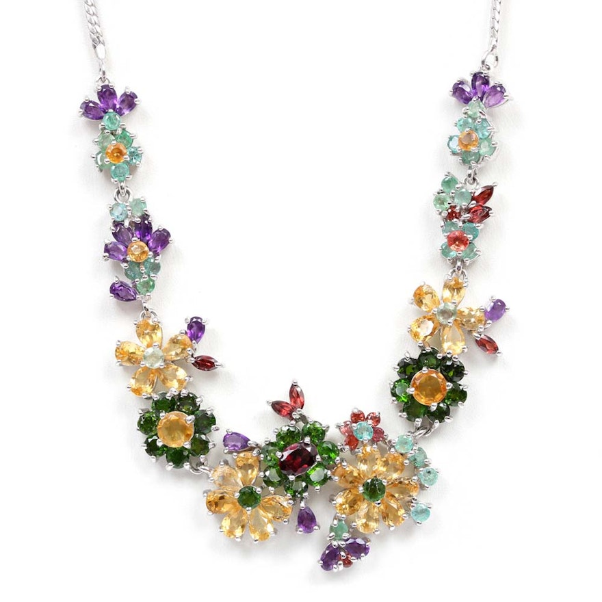 Sterling Silver Multi-gemstone Flower Necklace