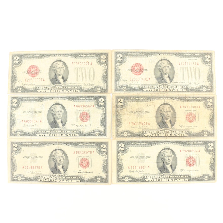 Group of Six U.S. $2 Currency Notes with Red Seals