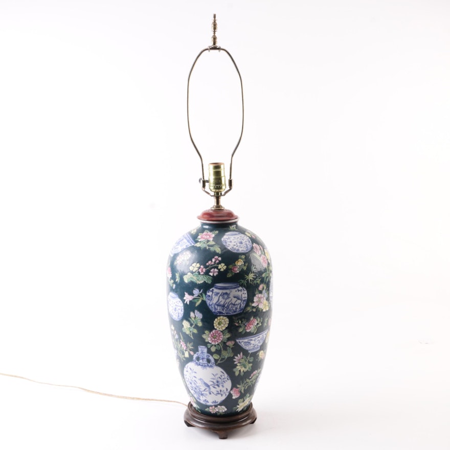 Chinese Ceramic Urn Shape Floral and Vase Themed Table Lamp