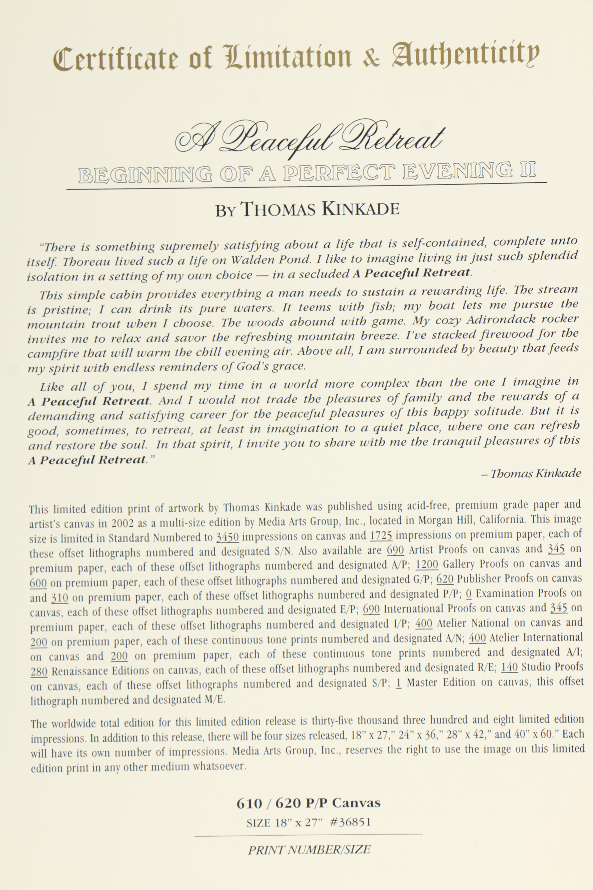 Thomas Kinkade Limited Edition Offset Lithograph "A Peaceful Retreat"