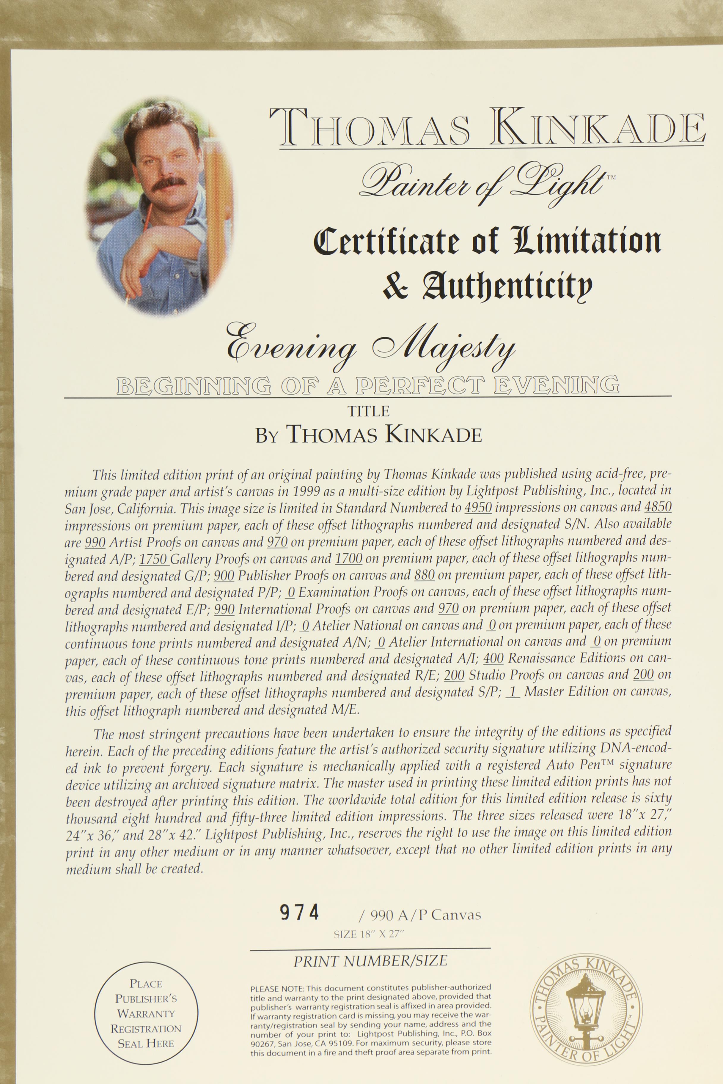 Thomas Kinkade Limited Edition Offset Lithograph "Evening Majesty"