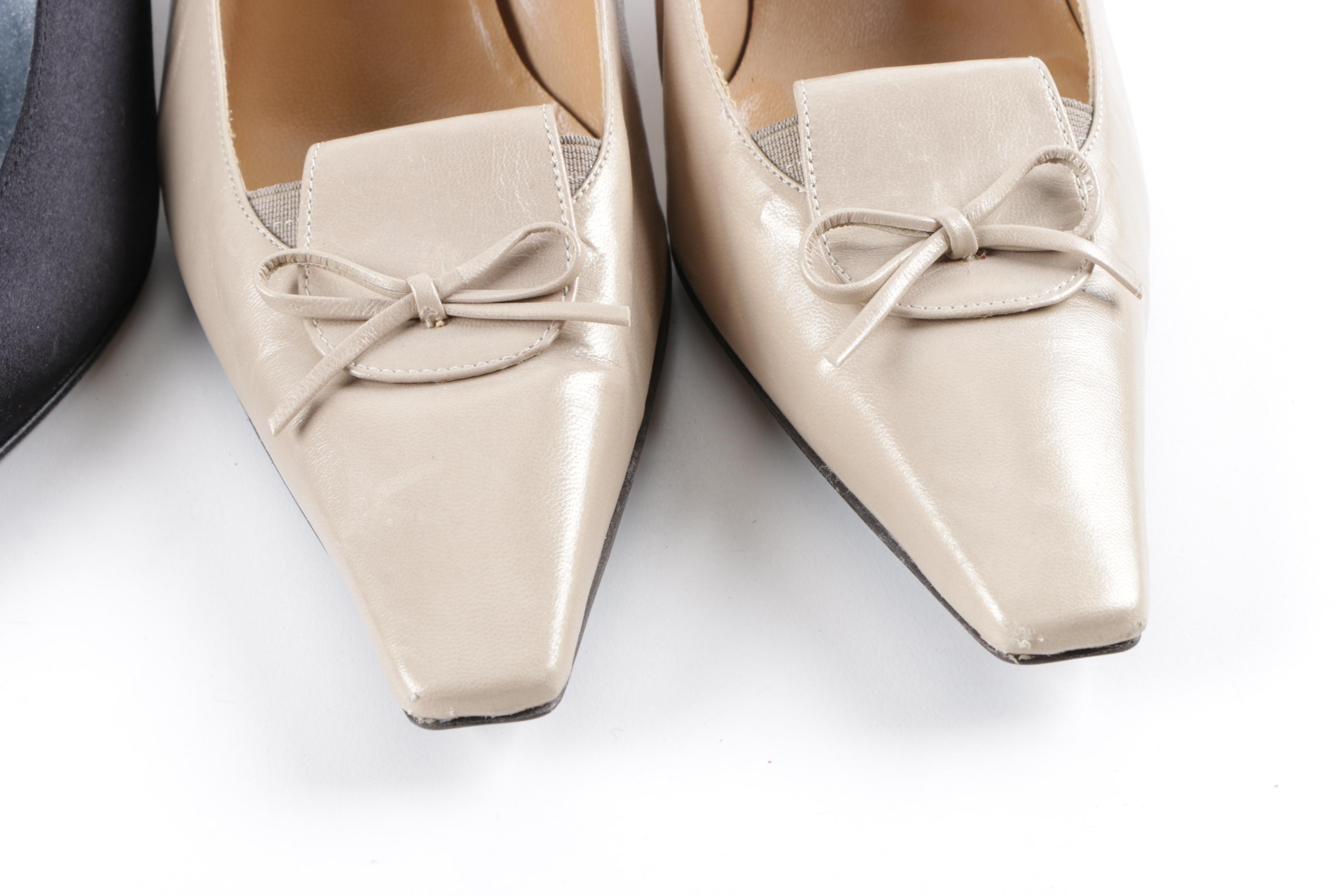 Stuart Weitzman Black Suede and Champagne Leather Low-Heel Slingbacks and Pumps