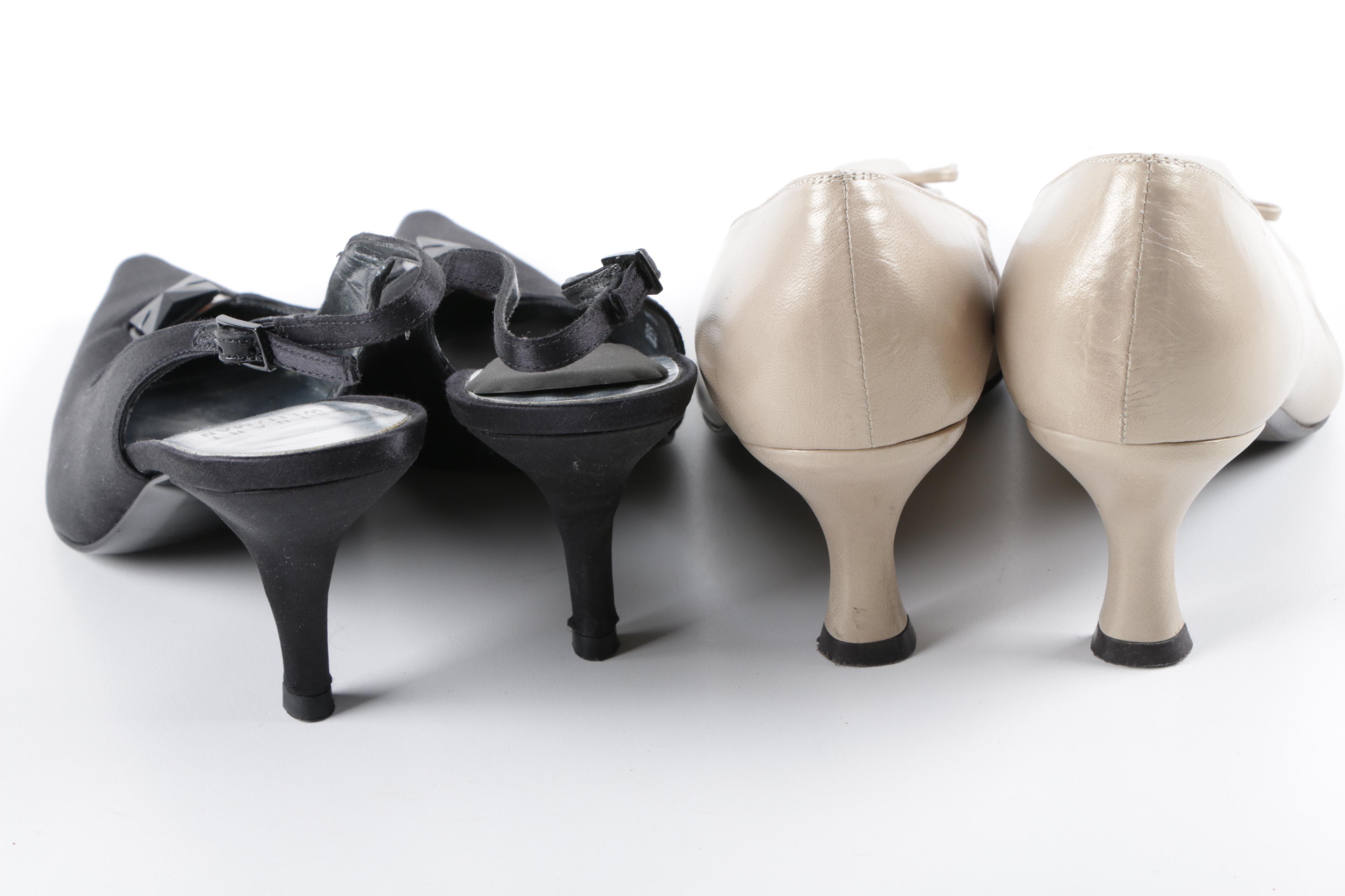 Stuart Weitzman Black Suede and Champagne Leather Low-Heel Slingbacks and Pumps