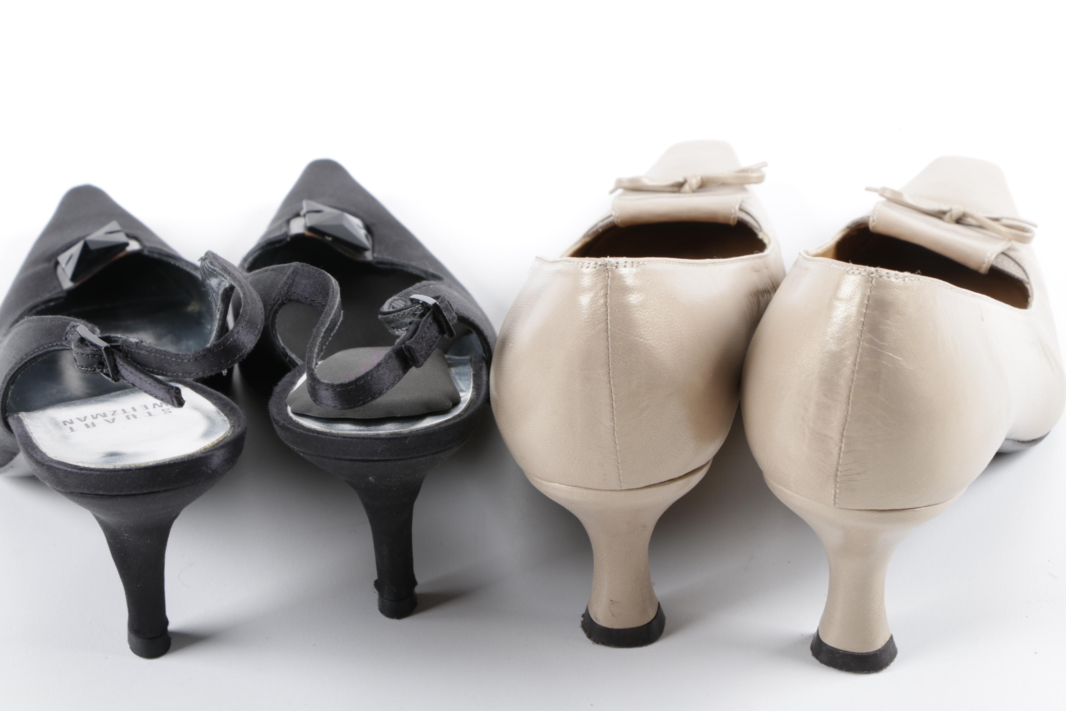 Stuart Weitzman Black Suede and Champagne Leather Low-Heel Slingbacks and Pumps