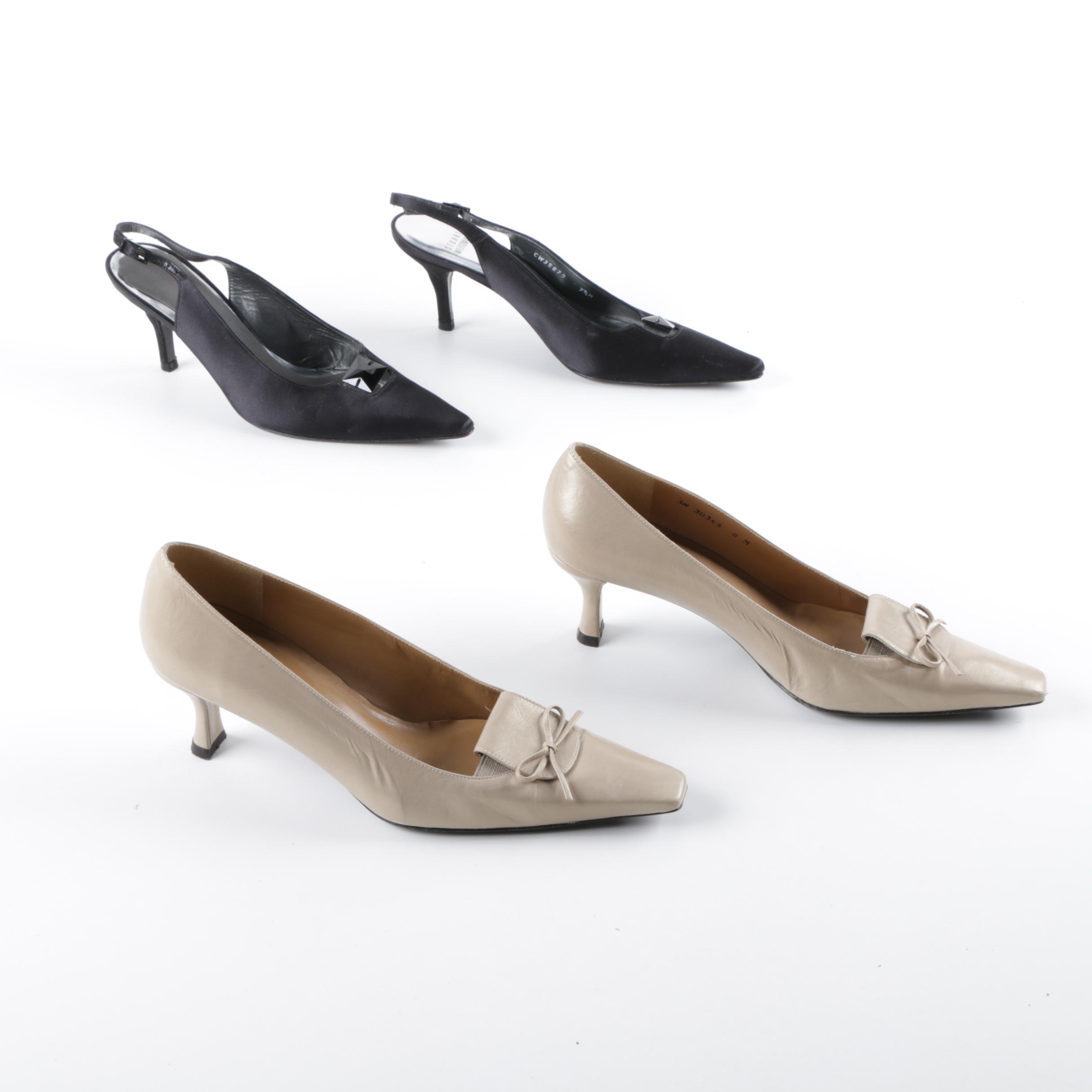 Stuart Weitzman Black Suede and Champagne Leather Low-Heel Slingbacks and Pumps