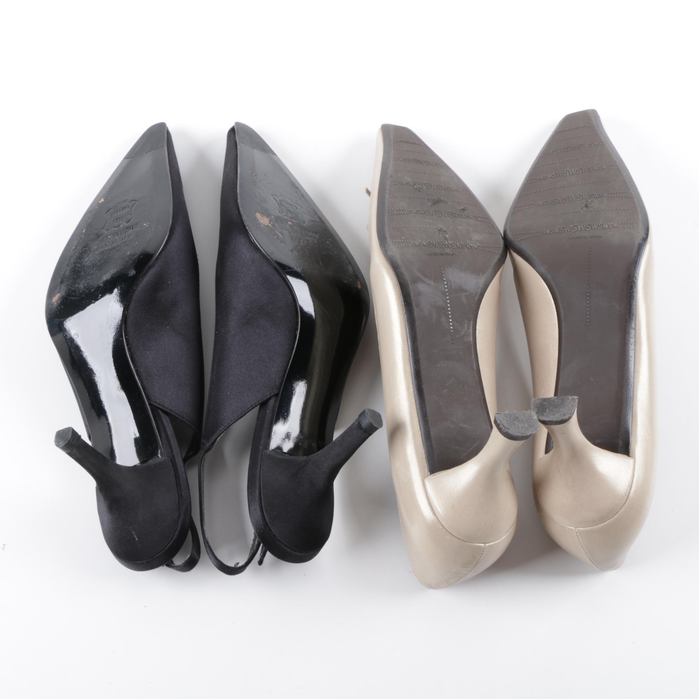 Stuart Weitzman Black Suede and Champagne Leather Low-Heel Slingbacks and Pumps