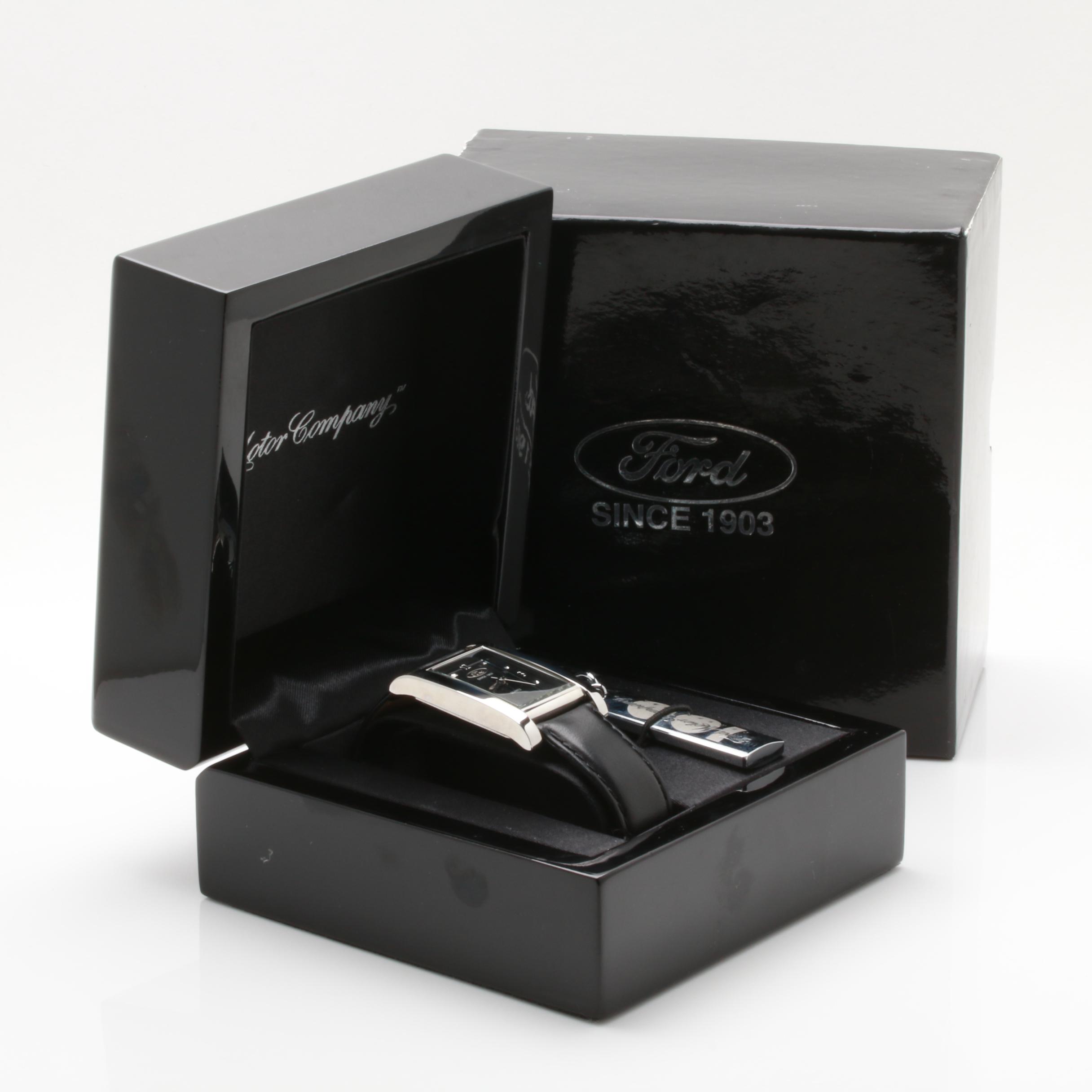 Ford Motor Co. Centennial Stainless Steel Leather Watch with Key Chain