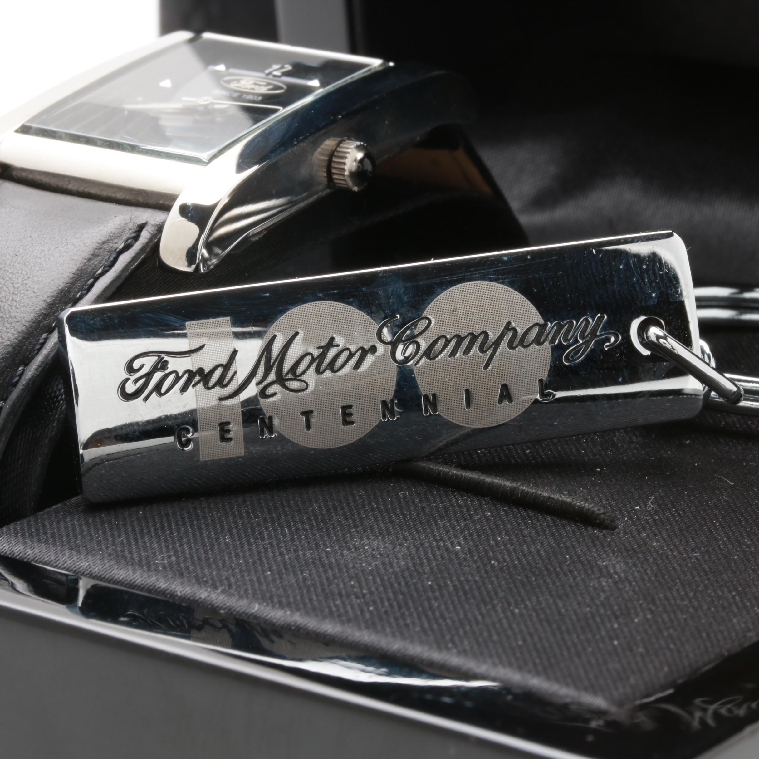 Ford Motor Co. Centennial Stainless Steel Leather Watch with Key Chain