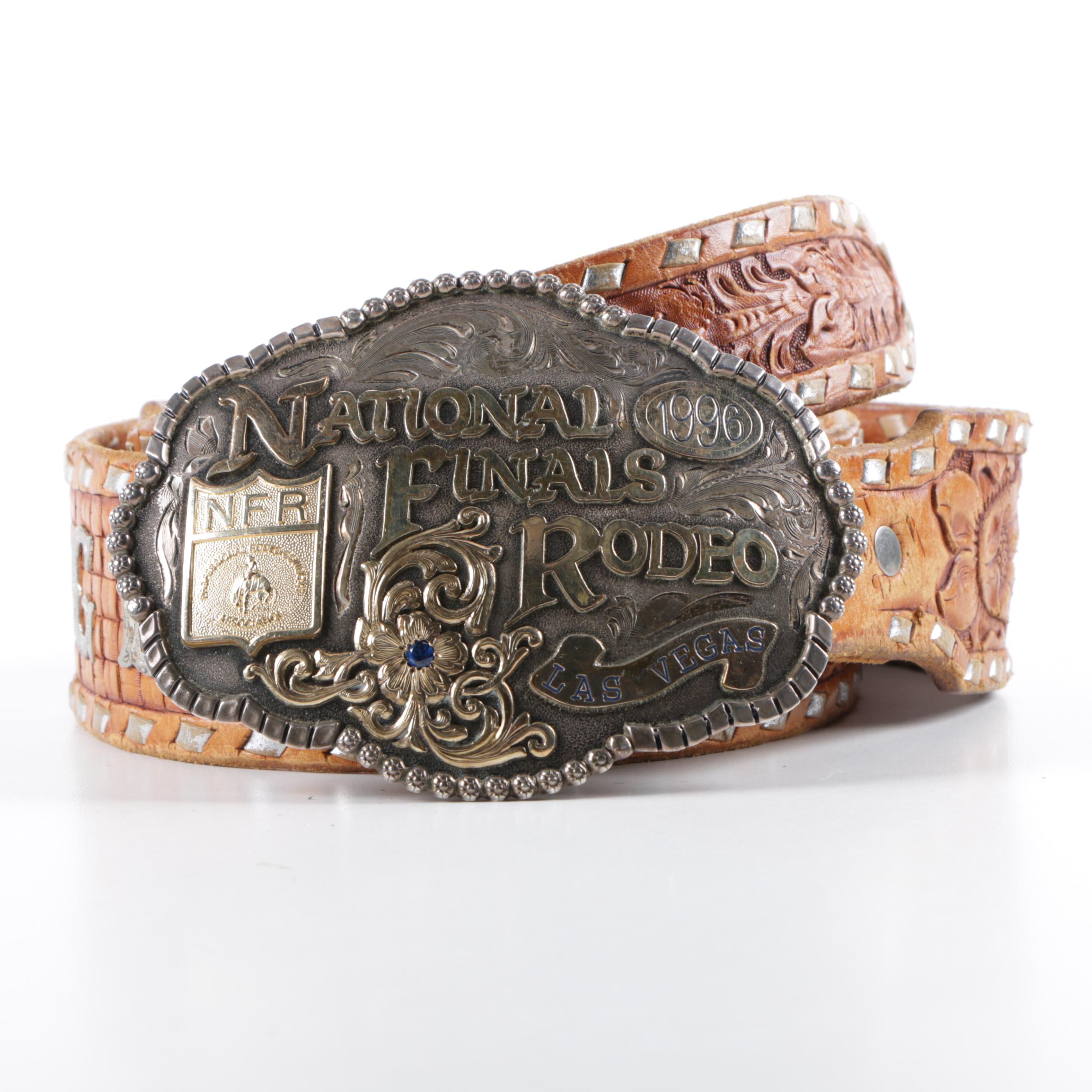 996 National Finals Rodeo Sterling Silver Belt Buckle & Hand-Tooled Leather Belt
