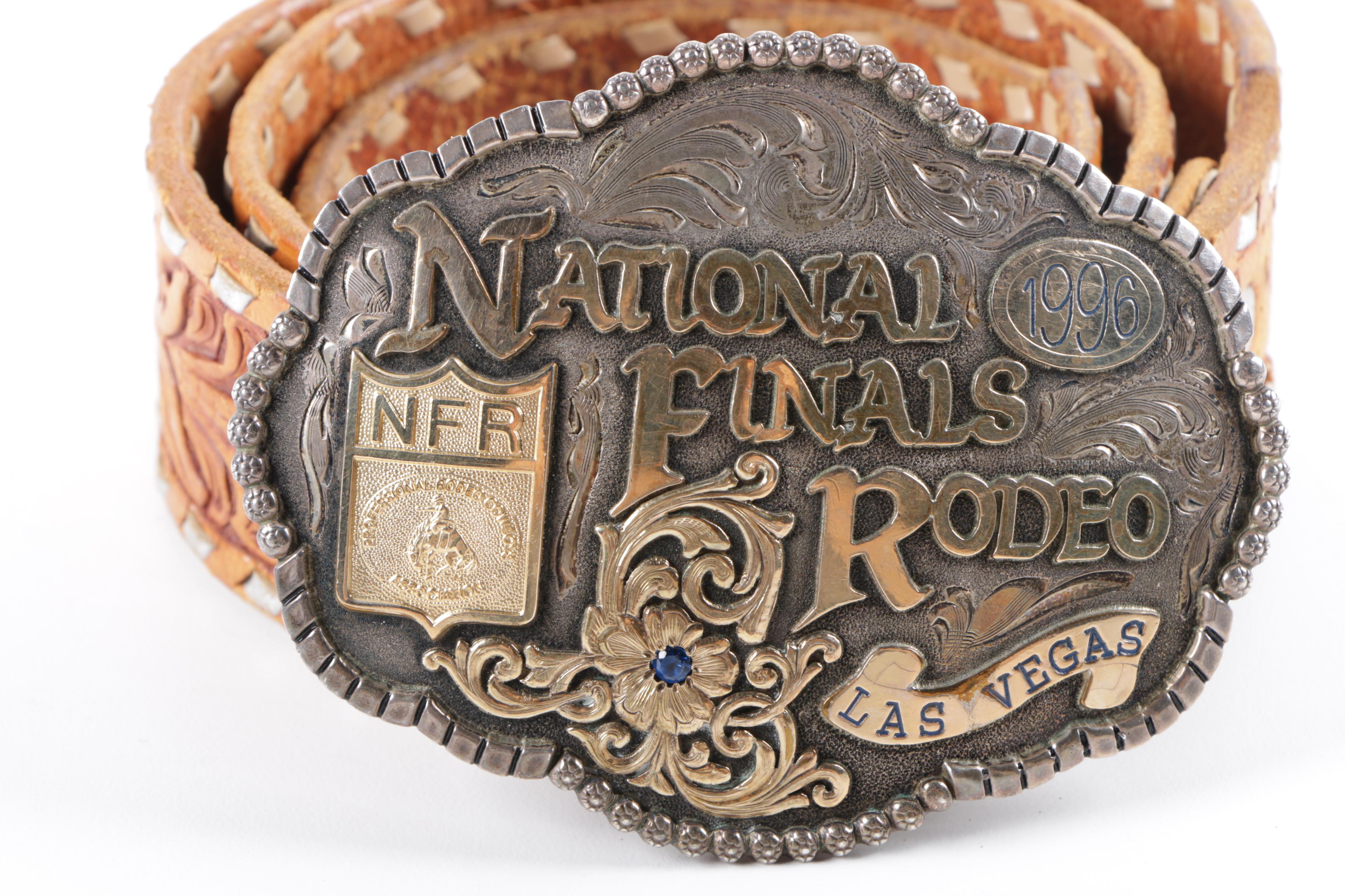996 National Finals Rodeo Sterling Silver Belt Buckle & Hand-Tooled Leather Belt