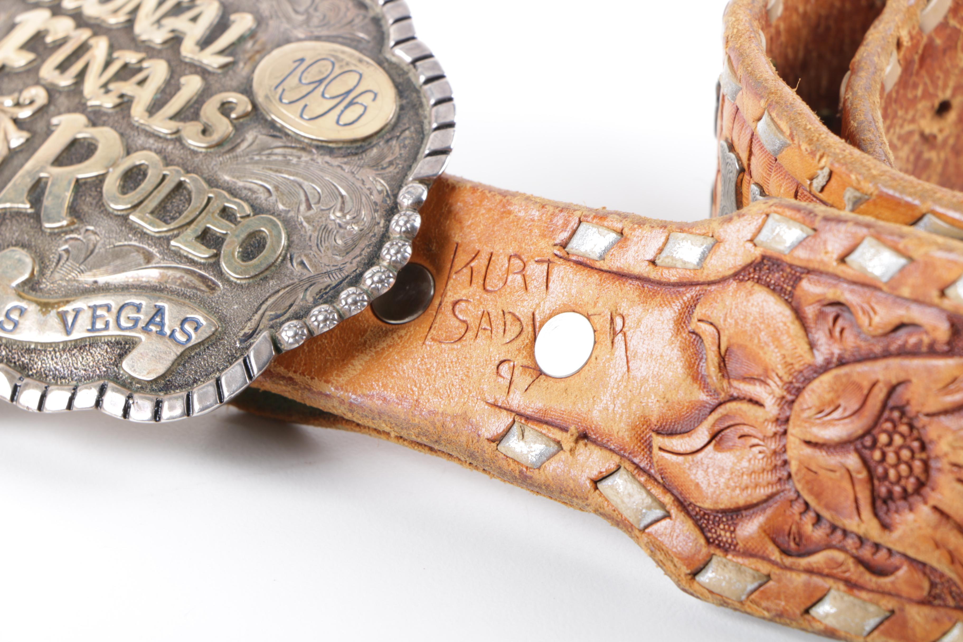 996 National Finals Rodeo Sterling Silver Belt Buckle & Hand-Tooled Leather Belt
