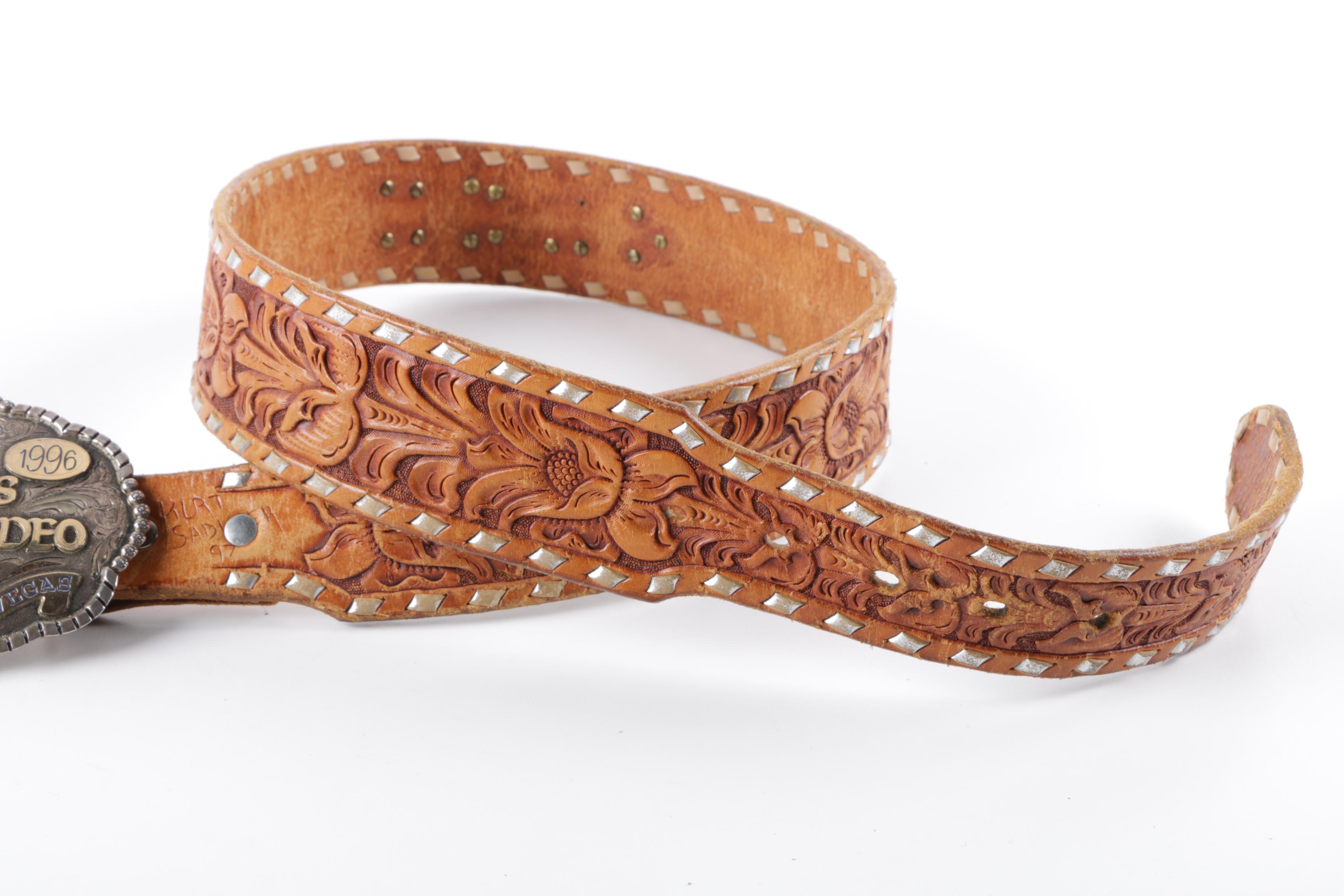 996 National Finals Rodeo Sterling Silver Belt Buckle & Hand-Tooled Leather Belt