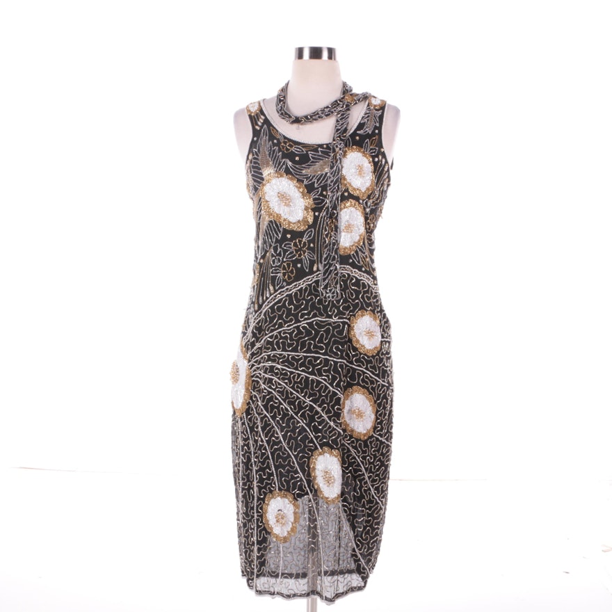 1980s Vintage Silk Beaded Peacock Burst Sleeveless Cocktail Dress