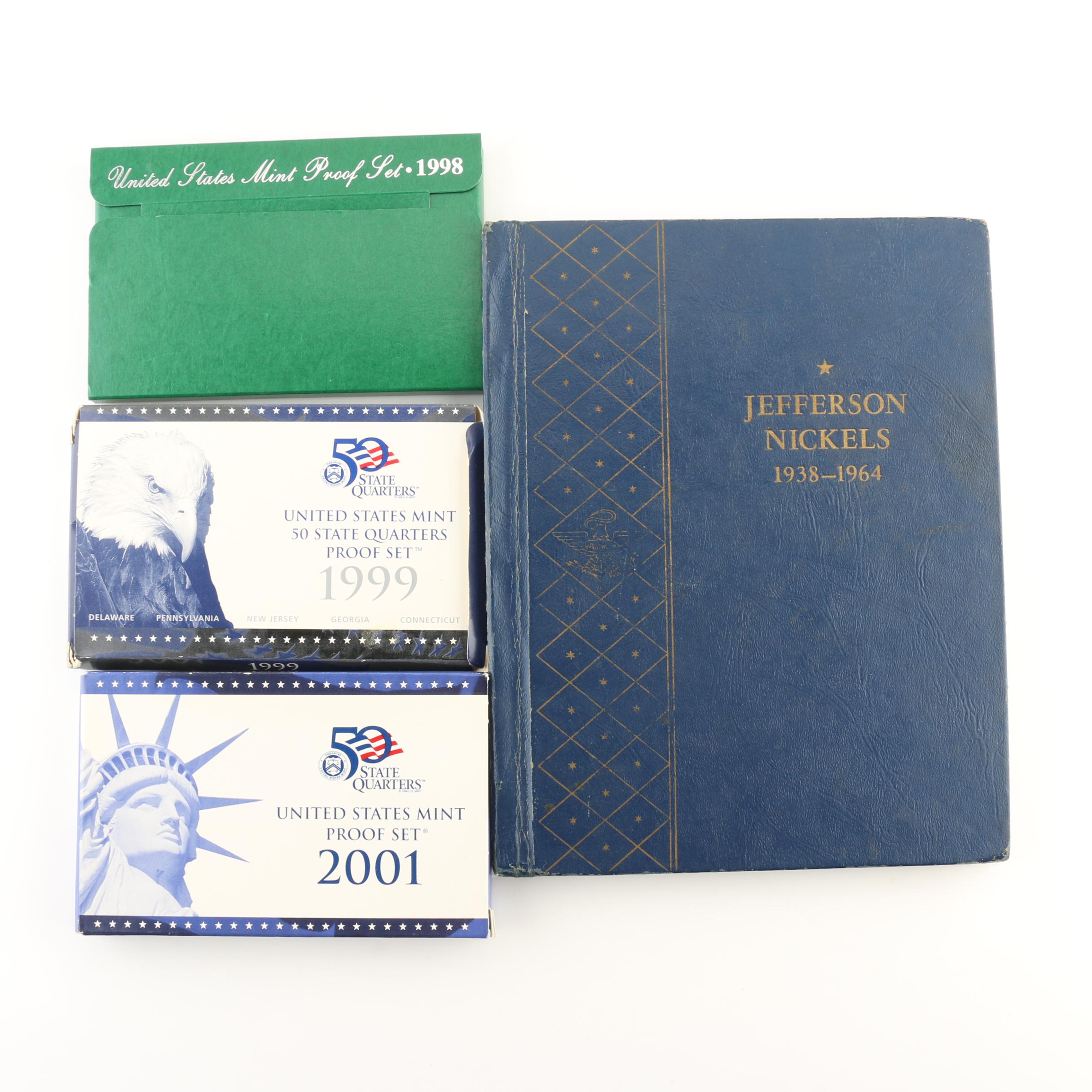 Group of Three U.S. Mint Proof Sets and  Whitman Folder of 66 Jefferson Nickels