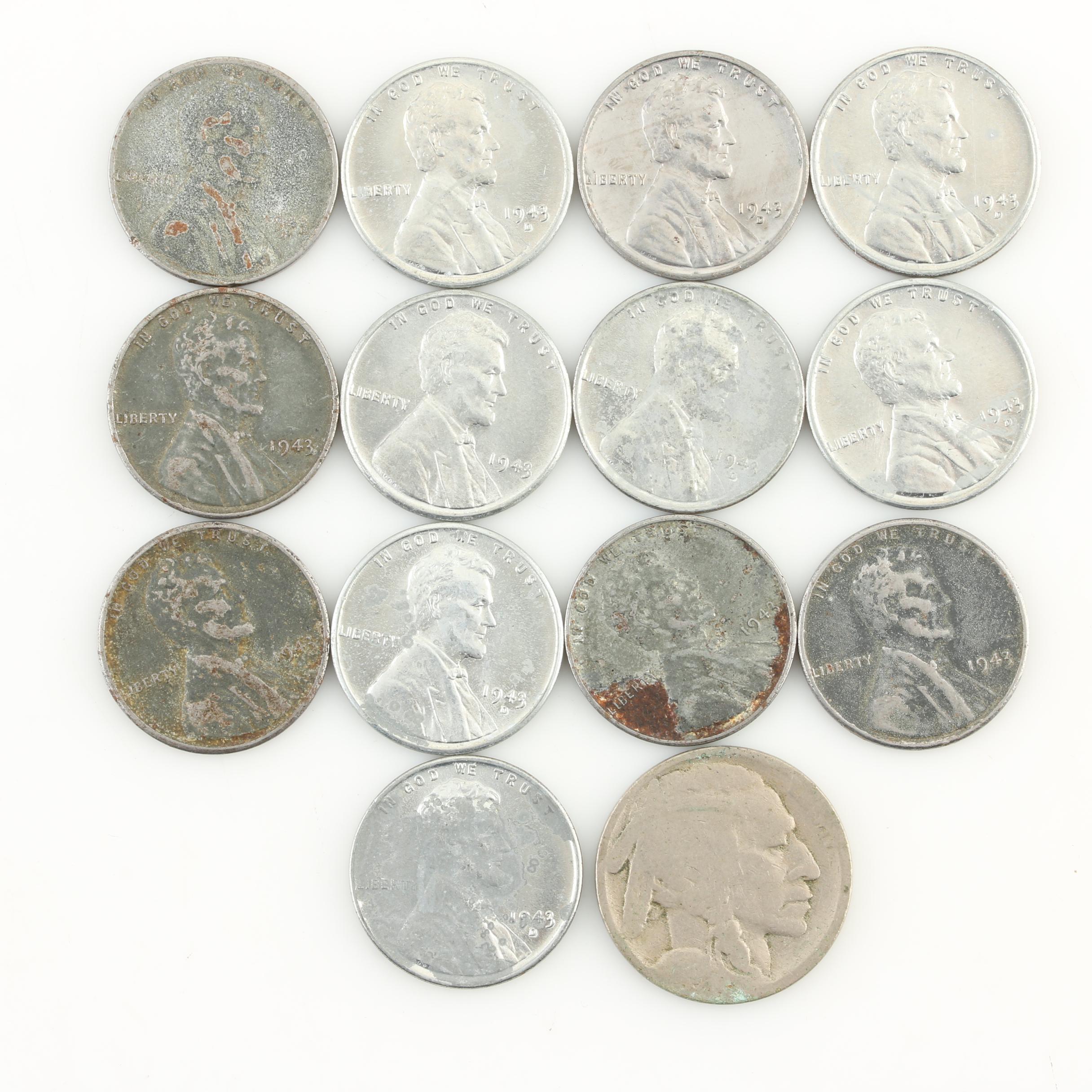 Group of Thirteen Wartime Steel Lincoln Cents and a Buffalo Nickel