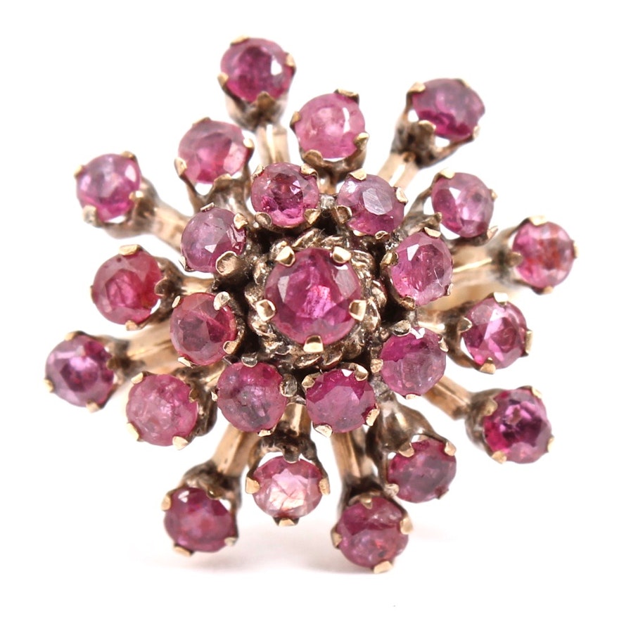 Vintage 14K Yellow Gold Ruby Cluster Ring