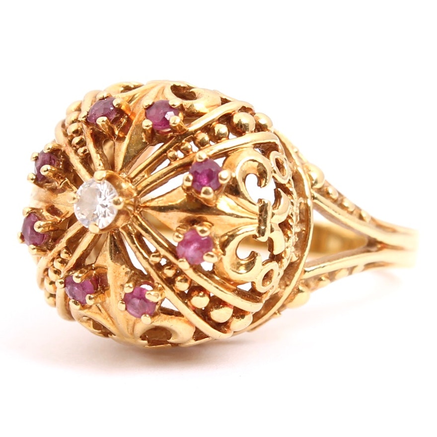 18K Yellow Gold Diamond and Ruby Crown Ring