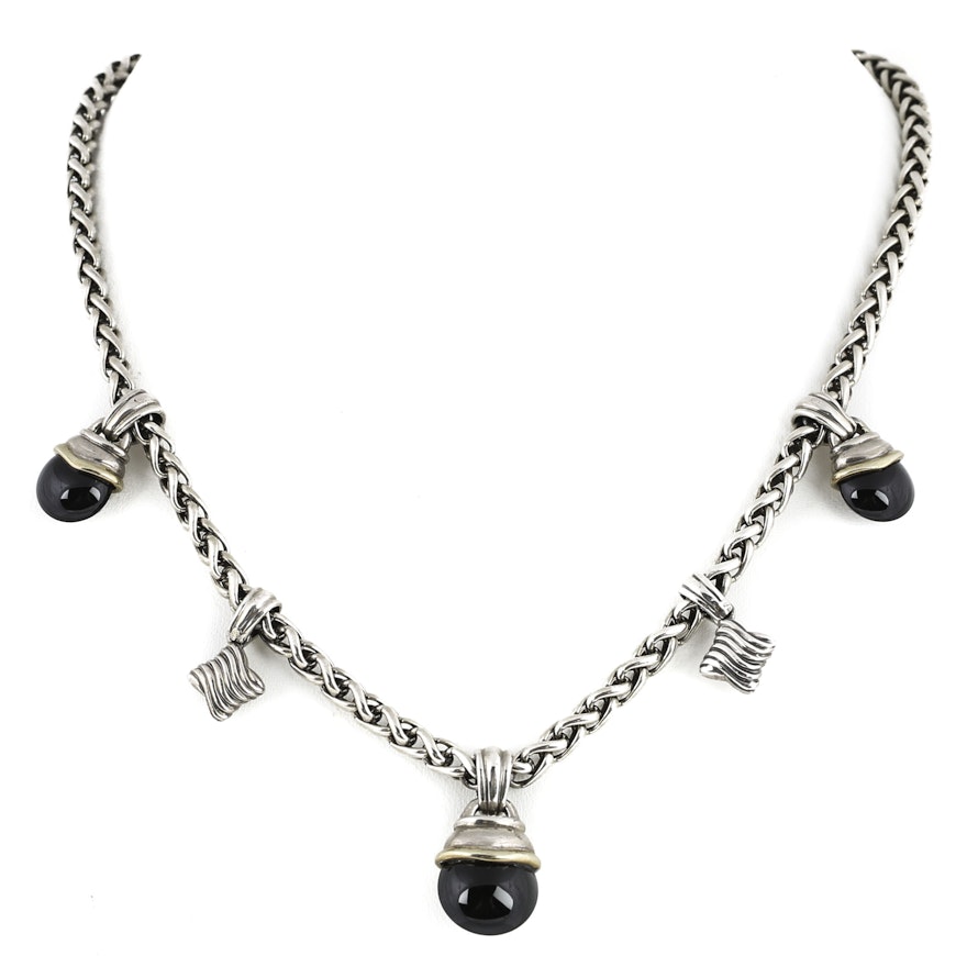 David Yurman Sterling and 14K Yellow Gold Black Onyx Necklace