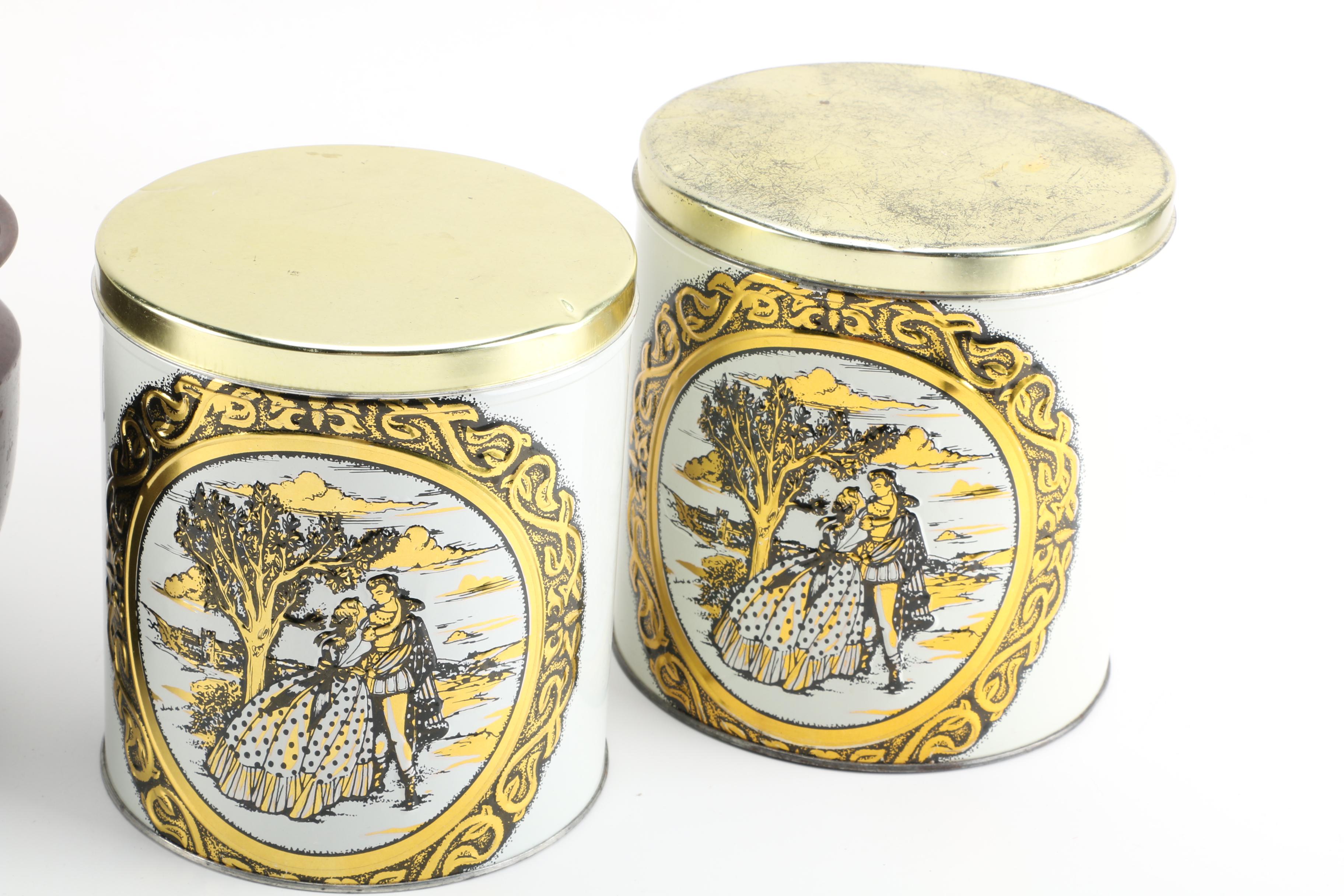 Vintage Tin Canisters and Ceramic Planter